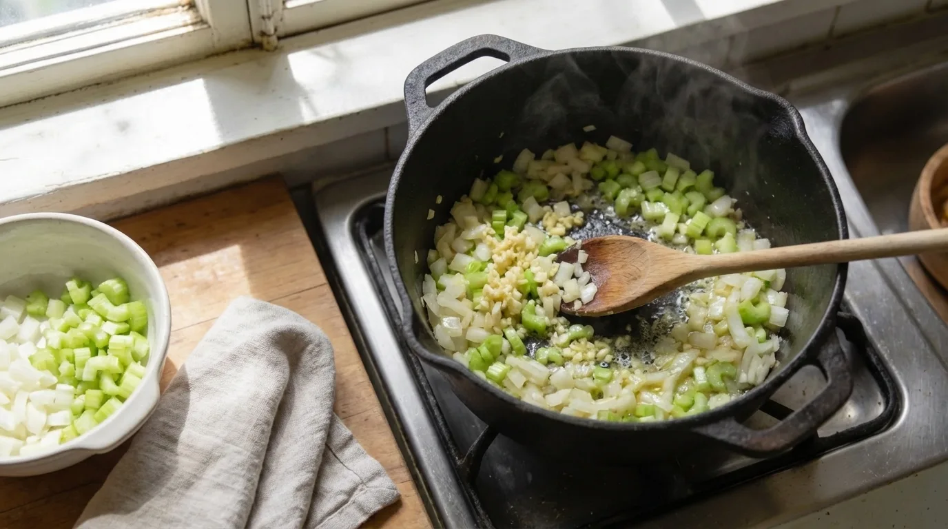 Onion, garlic, and chopped celery sautéing in butter in a Dutch oven