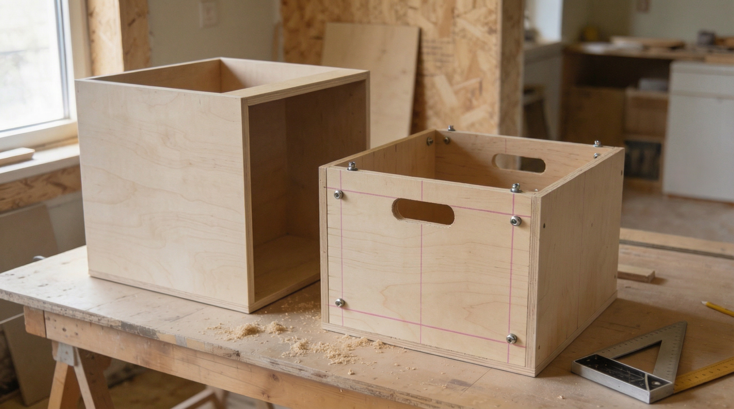 Partially built cabinets in a real woodworking setup showing assembly, tools, and plywood panels