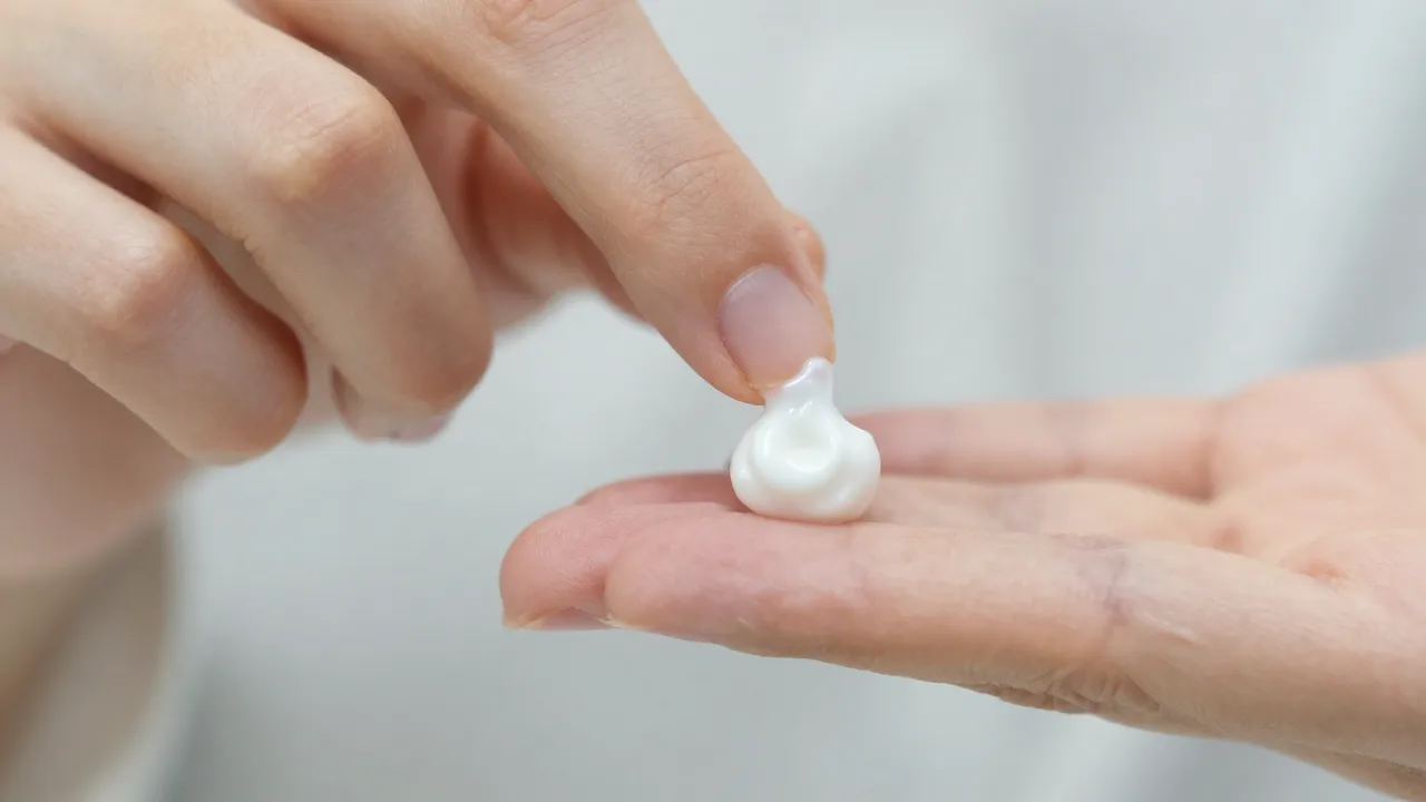 Pea-sized amount of tretinoin cream on a fingertip — the exact correct quantity needed to cover an entire face