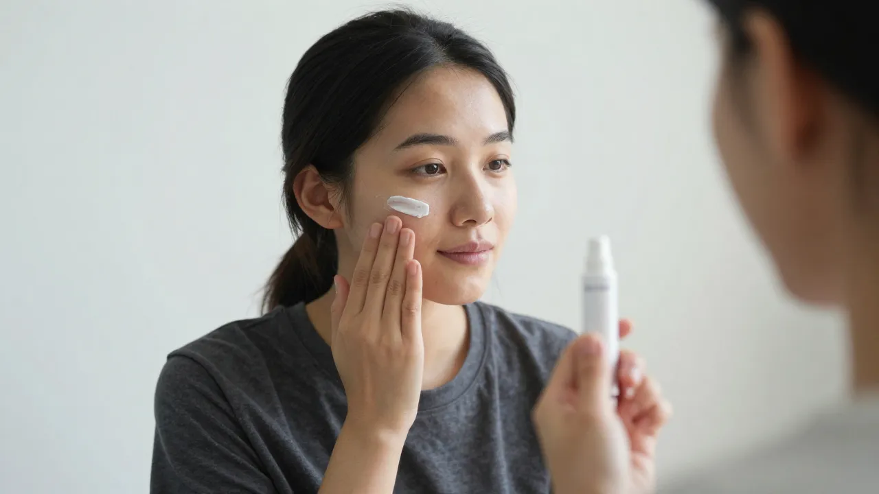 Person waiting 20 minutes after applying tretinoin before layering moisturizer to allow the active ingredient to settle