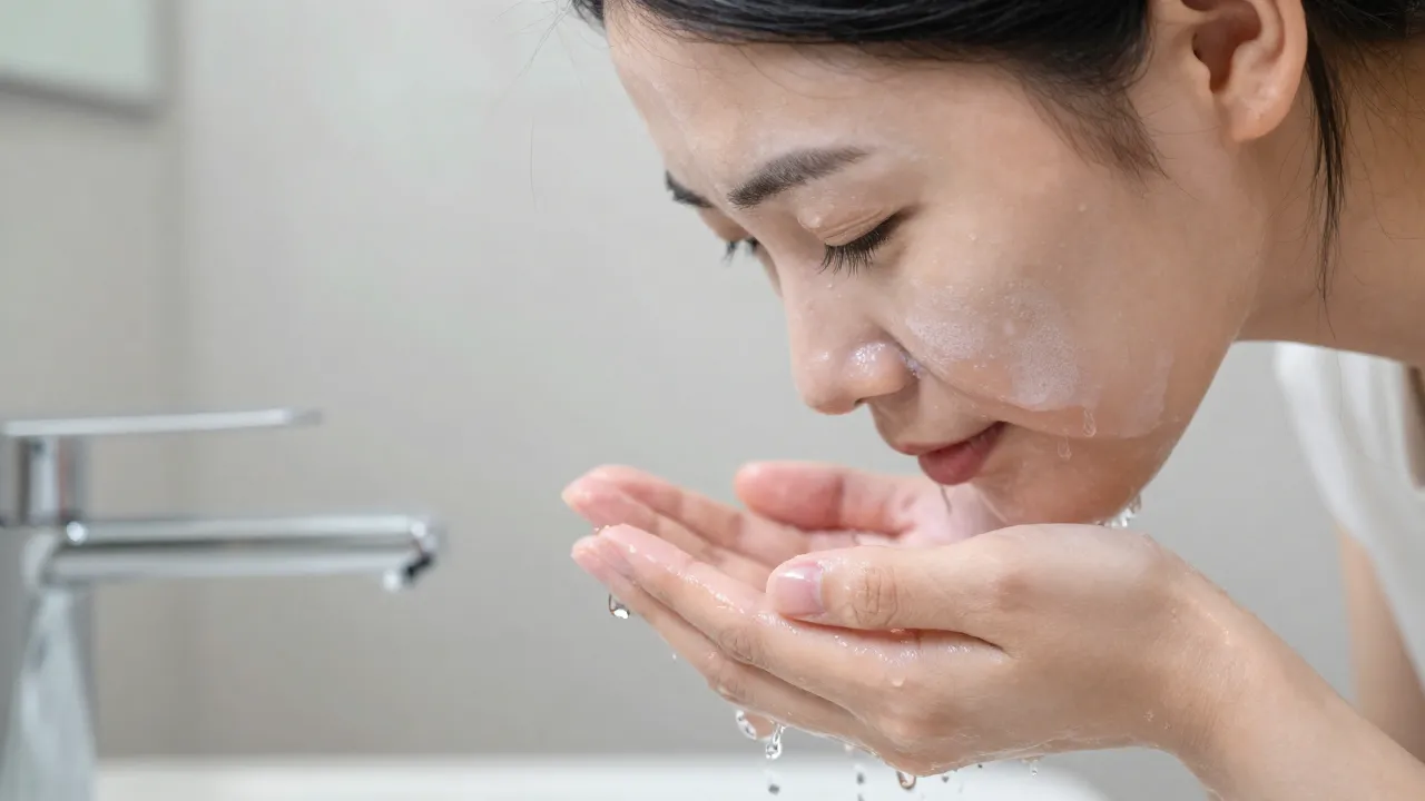 Person washing face with gentle cleanser and lukewarm water — Step 1 of the correct tretinoin application routine
