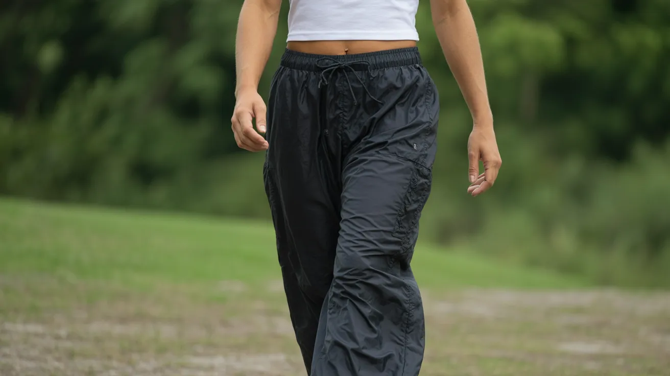 Person wearing nylon parachute pants and a cropped top walking outdoors