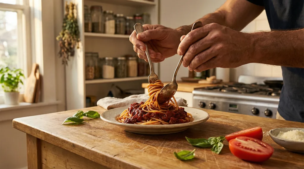 Ross plating fresh tomato spaghetti at his kitchen island with basil and Parmesan nearby