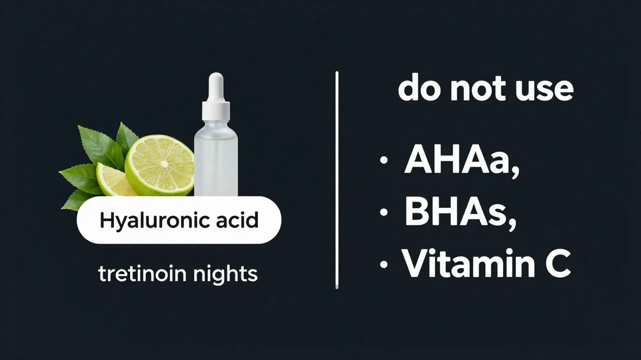 Safe and unsafe skincare ingredients on tretinoin nights showing hyaluronic acid approved and AHAs BHAs avoided