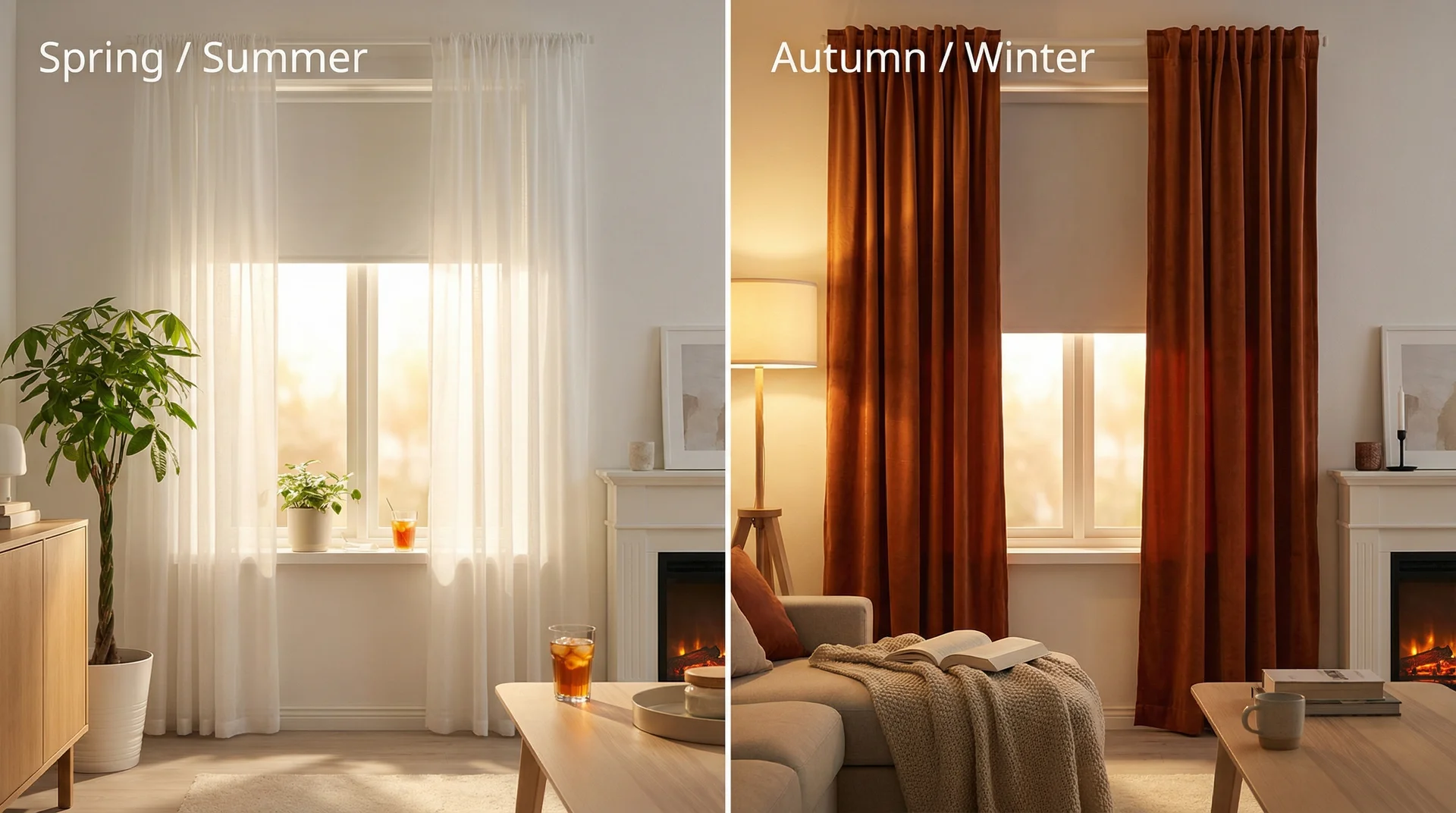 Same window styled with sheer summer curtains versus heavy velvet winter curtains over the same roller blind
