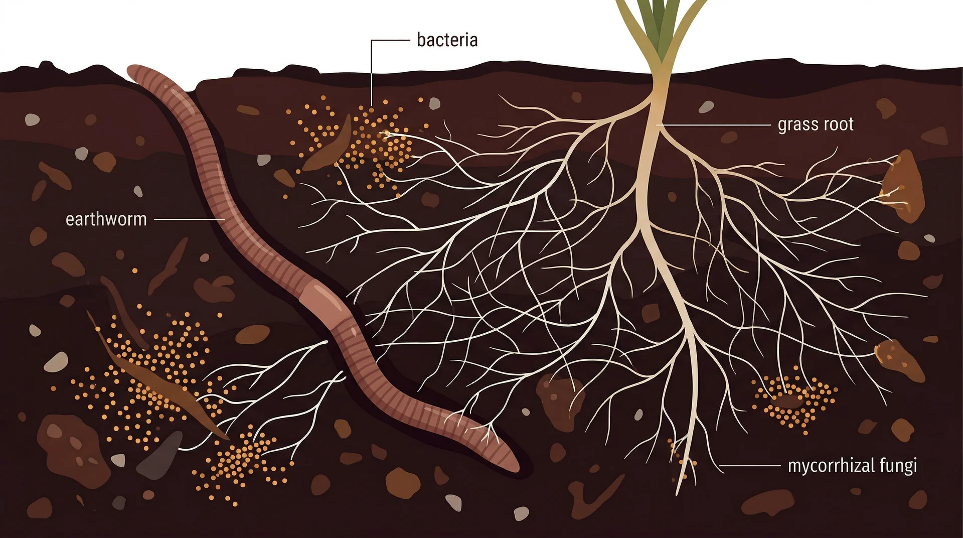 Scientific cross-section illustration of healthy topsoil showing bacteria, mycorrhizal fungi networks, earthworms, and grass roots interacting underground.