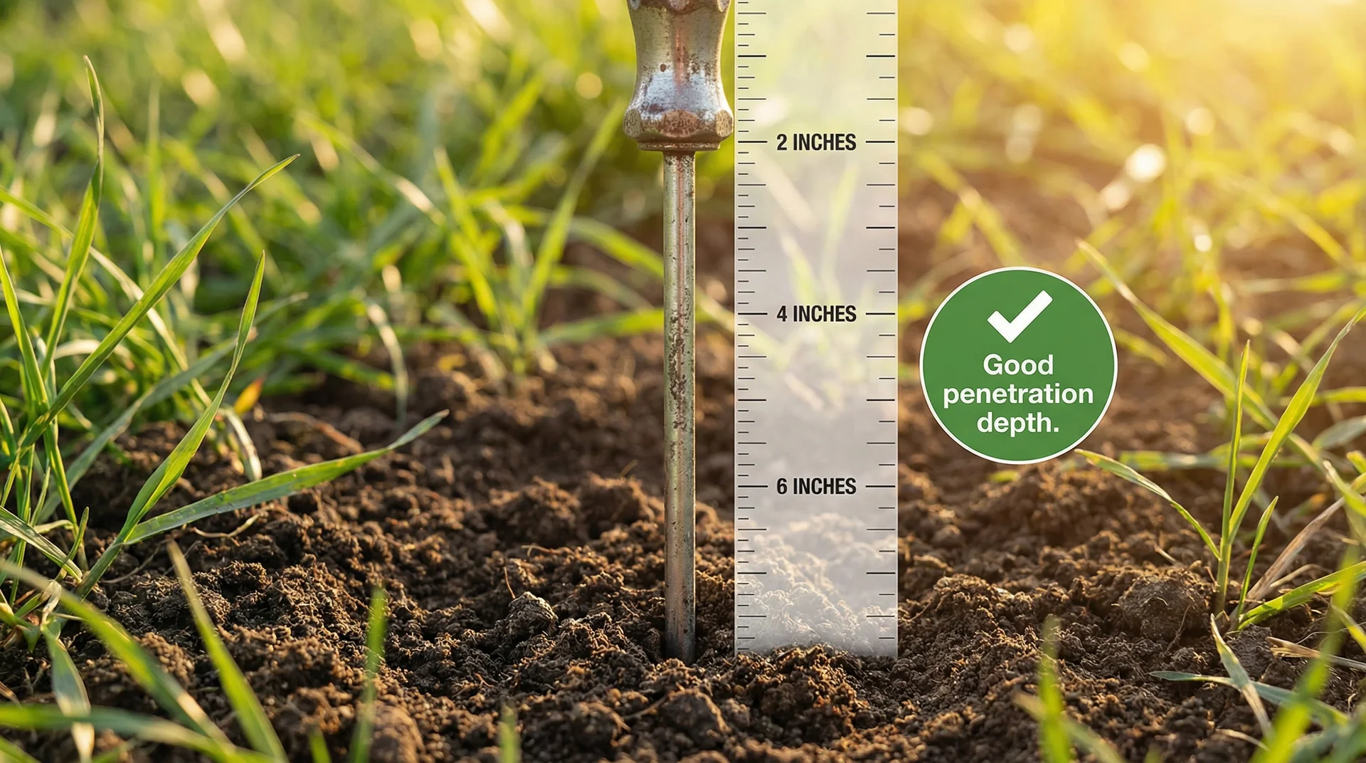 Screwdriver pushed into lawn soil with depth markers showing ideal 4–6 inch watering penetration
