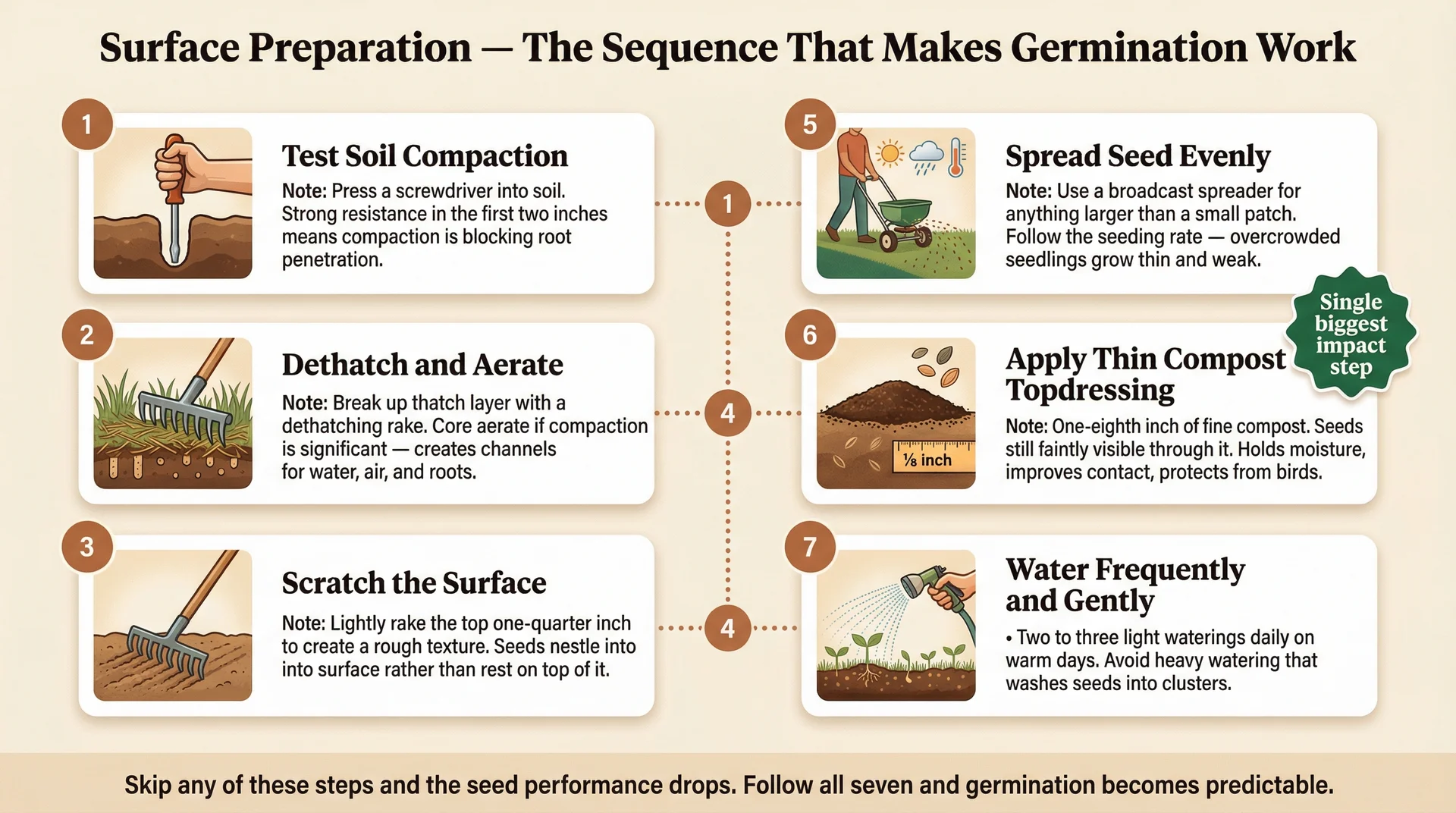 Seven-step vertical timeline infographic showing surface preparation sequence for successful grass seed germination
