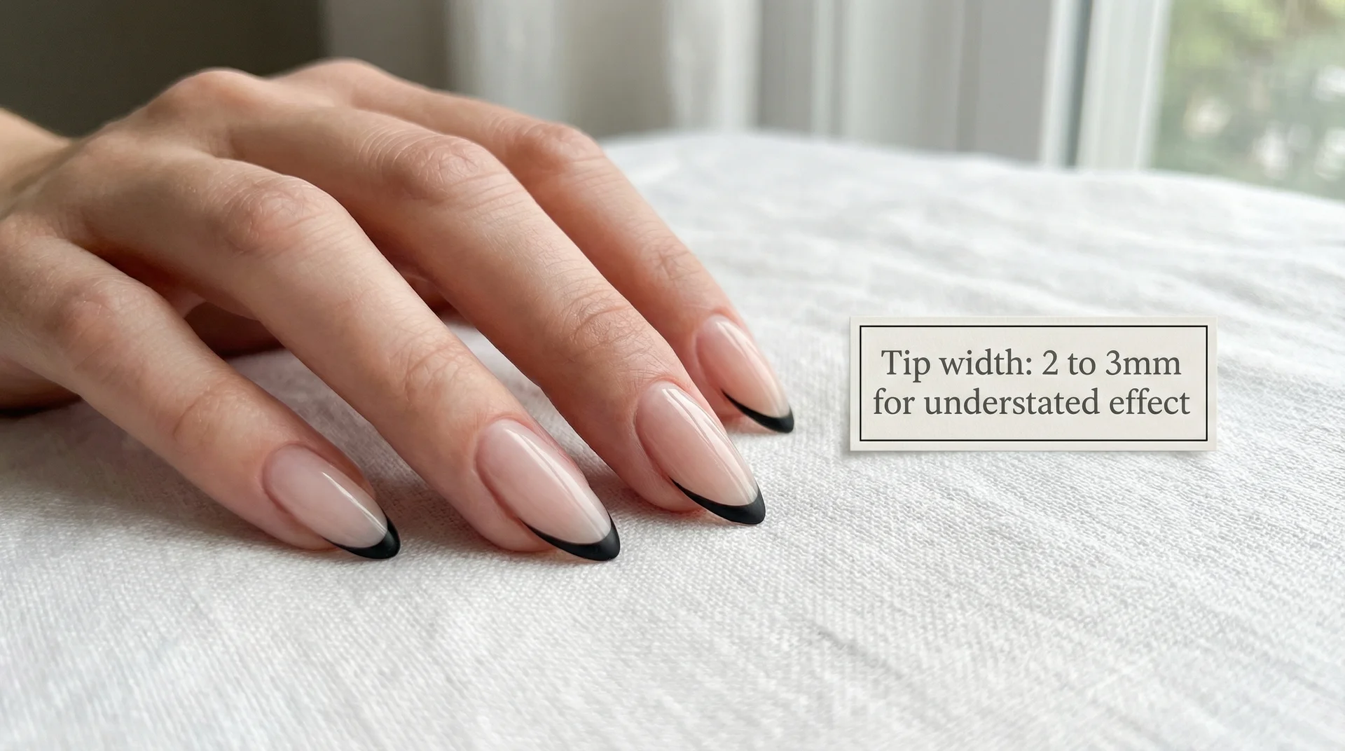Sheer nude almond nails with thin precise matte black french tip for everyday wear