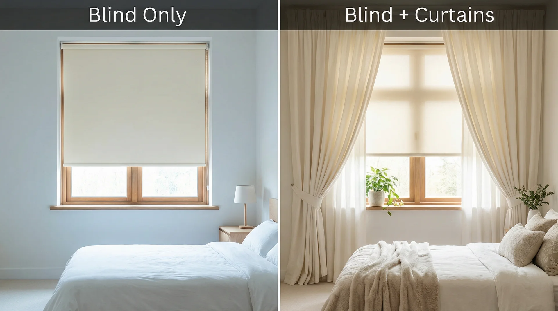 Side-by-side comparison of a bedroom window with blind only versus layered blind and linen curtains