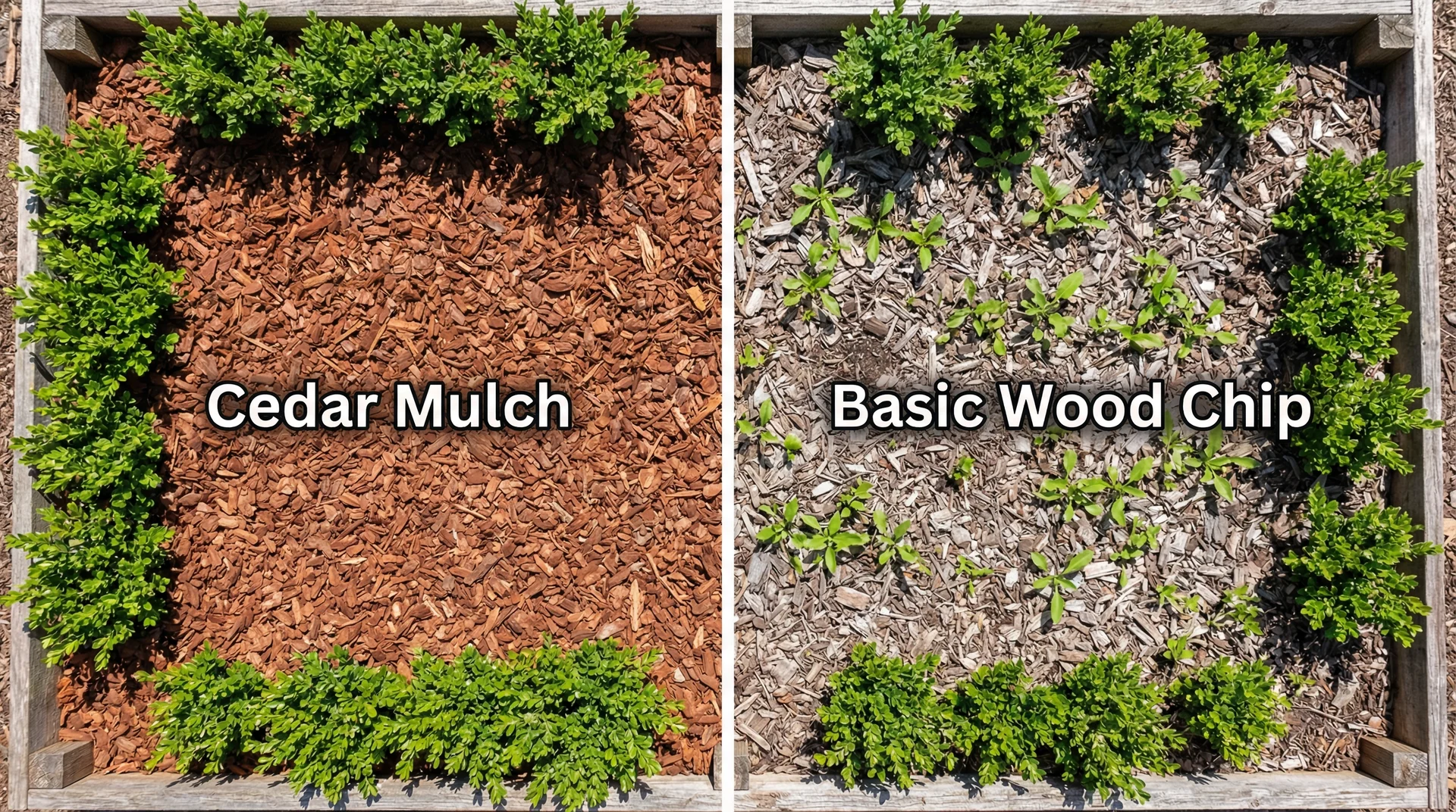 Side-by-side comparison of cedar mulch bed with no weeds versus basic wood chip bed with weed growth
