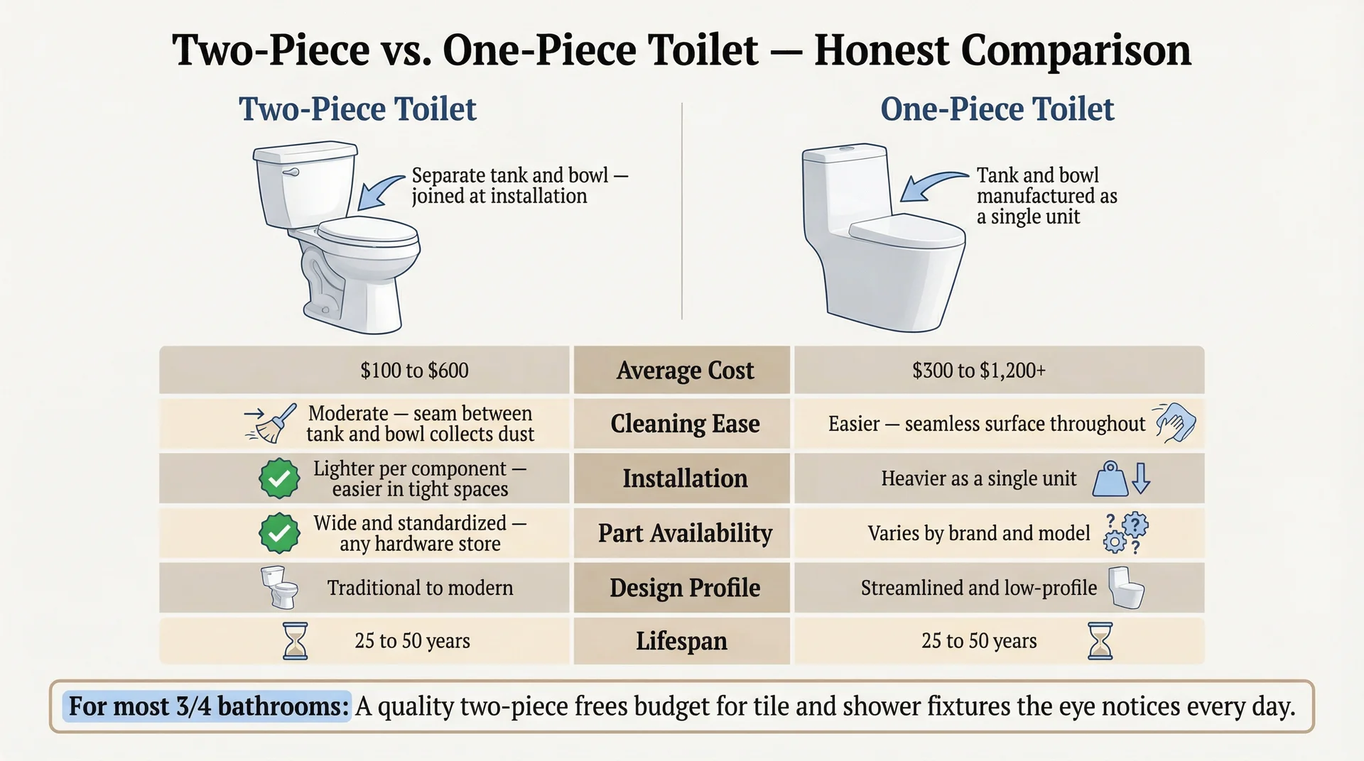 Side-by-side comparison of two-piece and one-piece toilets covering cost, cleaning, installation weight, and part availability
