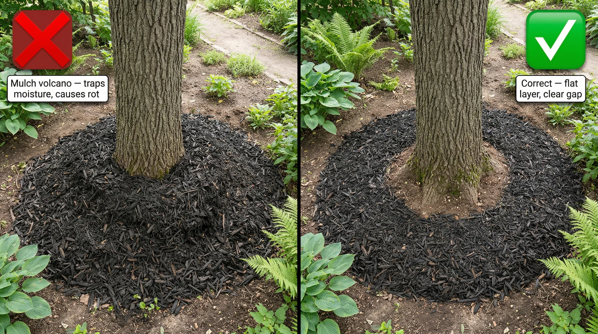 Side-by-side comparison showing wrong mulch volcano piled against tree trunk vs correct flat mulch with clear stem gap