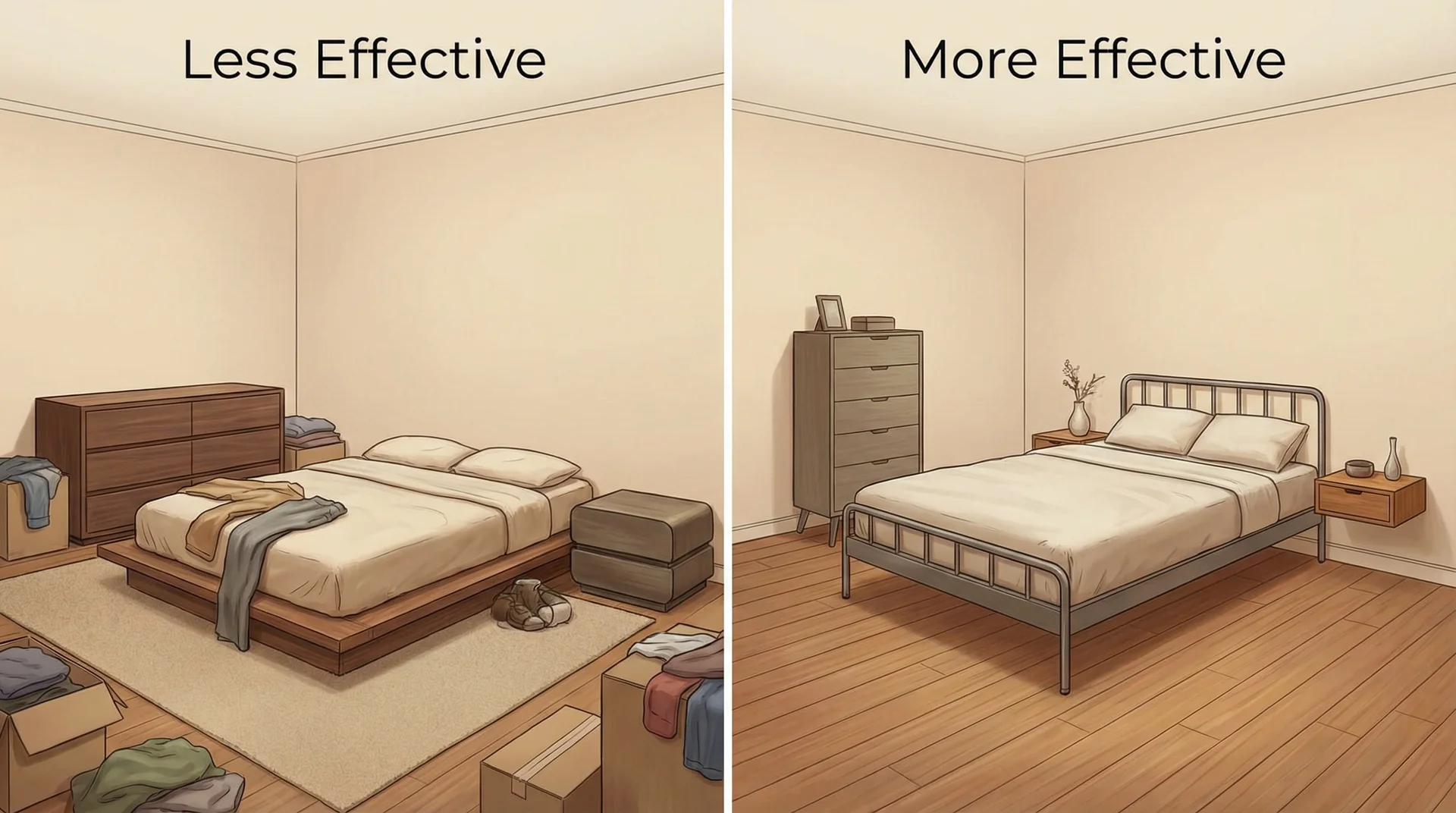 Side-by-side small bedroom comparison showing floor-sitting furniture vs. legged furniture with open floor space