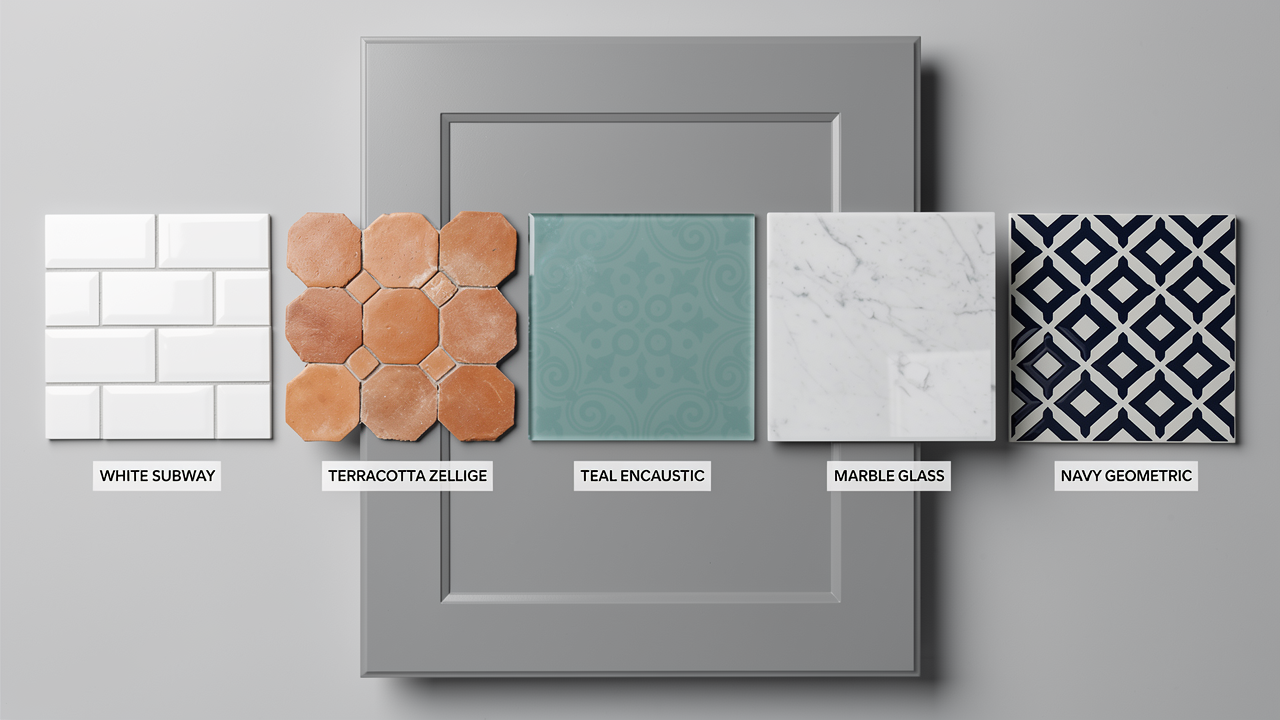 Six backsplash tile options for grey kitchen units including subway, zellige, teal encaustic, marble and navy geometric