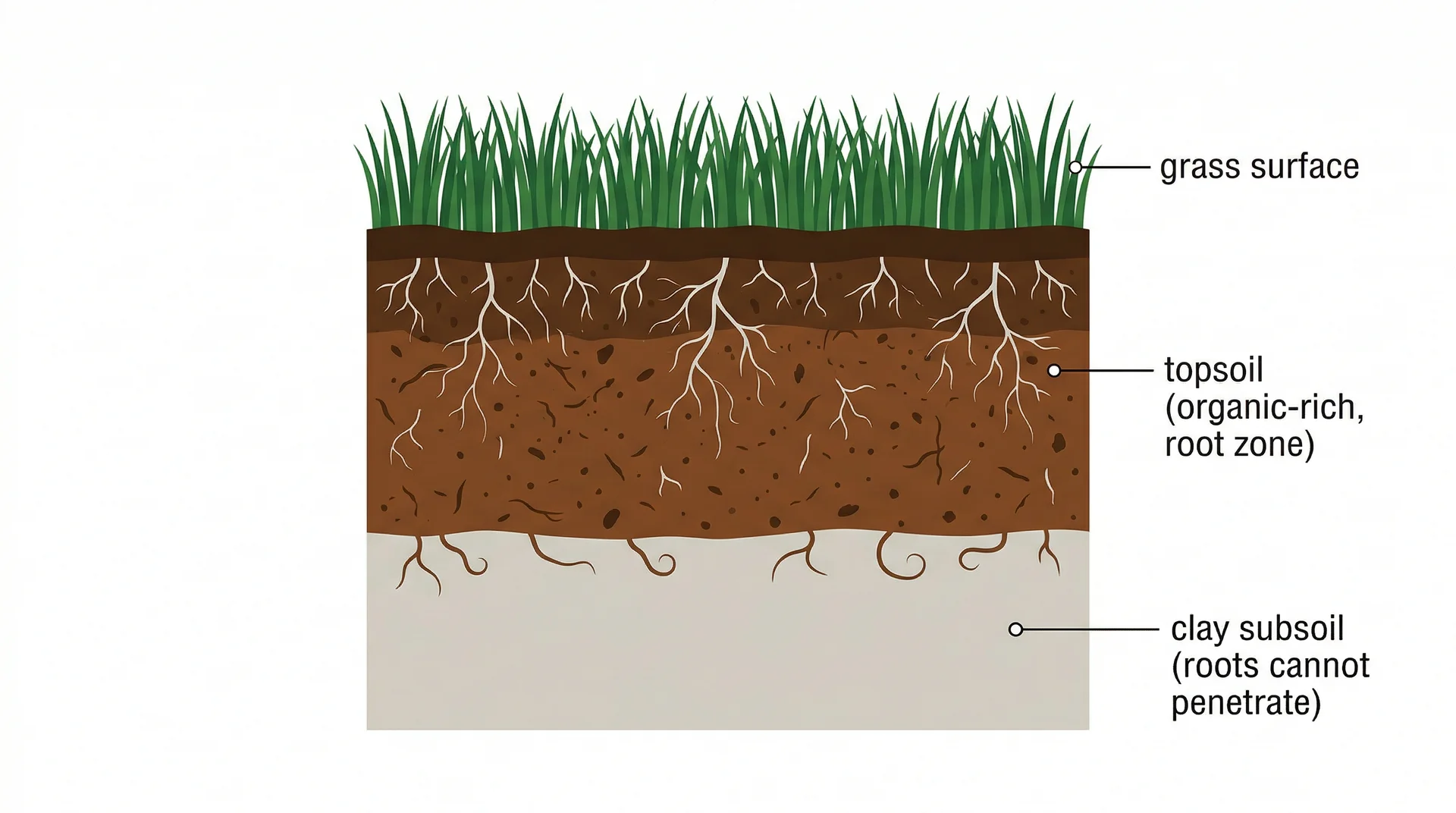Soil cross-section diagram showing grass roots growing freely through topsoil but stopping at the dense clay subsoil layer below.
