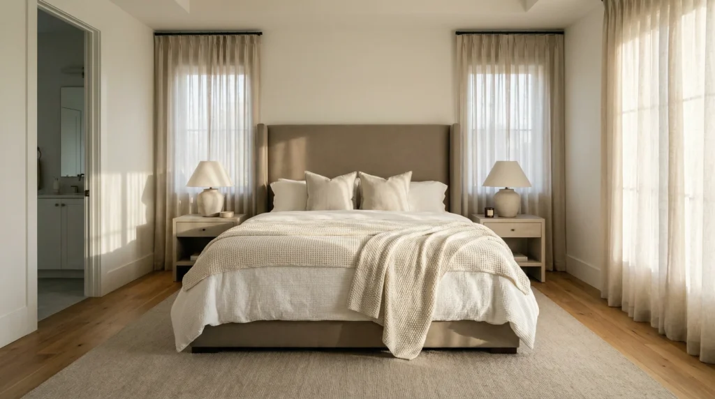 Spacious master bedroom with king bed, upholstered headboard, natural light, and warm neutral decor