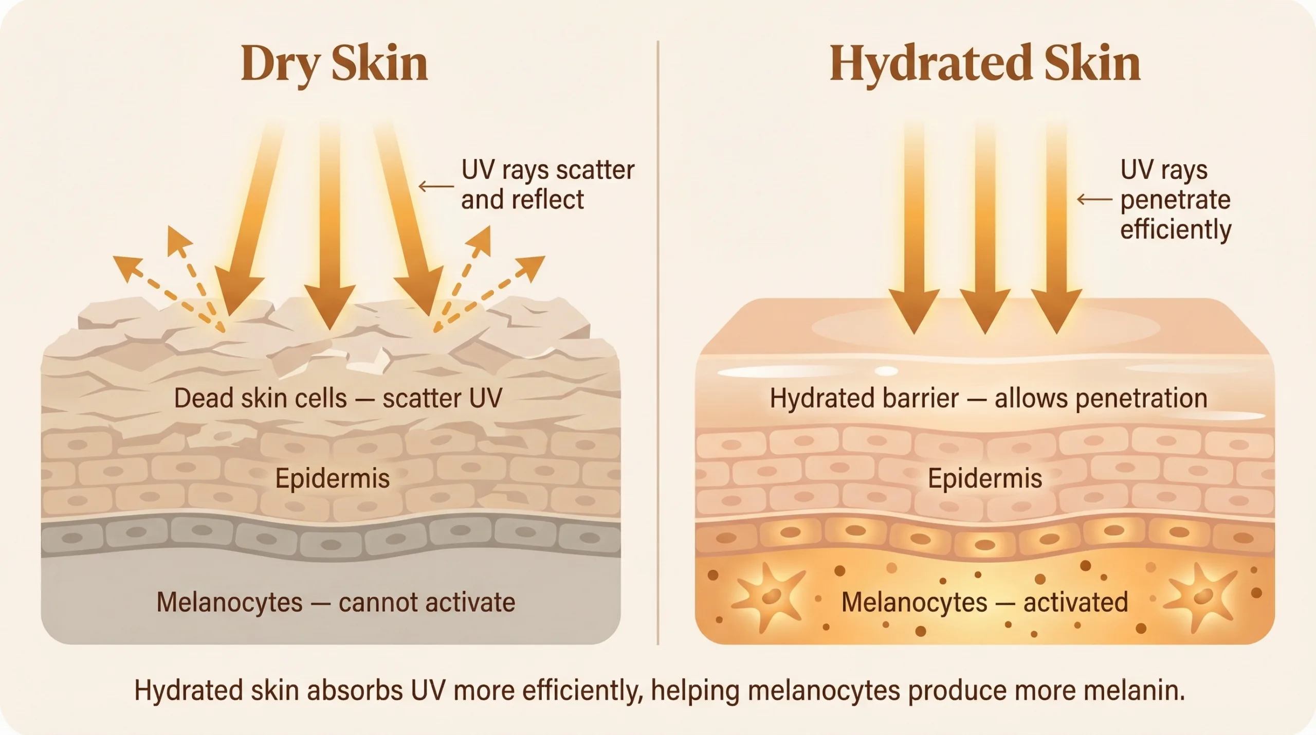 Split diagram showing UV rays scattering off dry skin versus penetrating hydrated skin to reach melanocytes — explaining why tanning lotion improves UV absorption