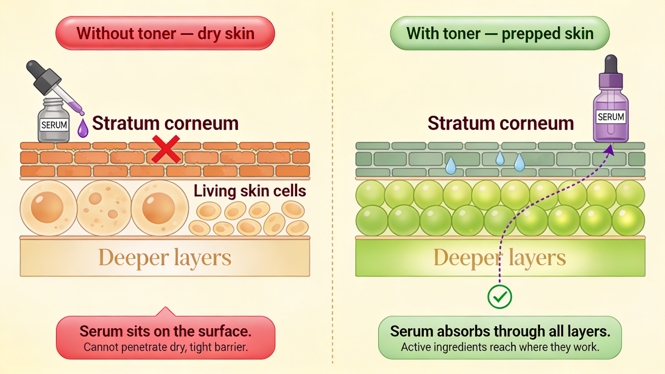 Split diagram showing serum blocked by dry skin versus absorbing through toned skin.