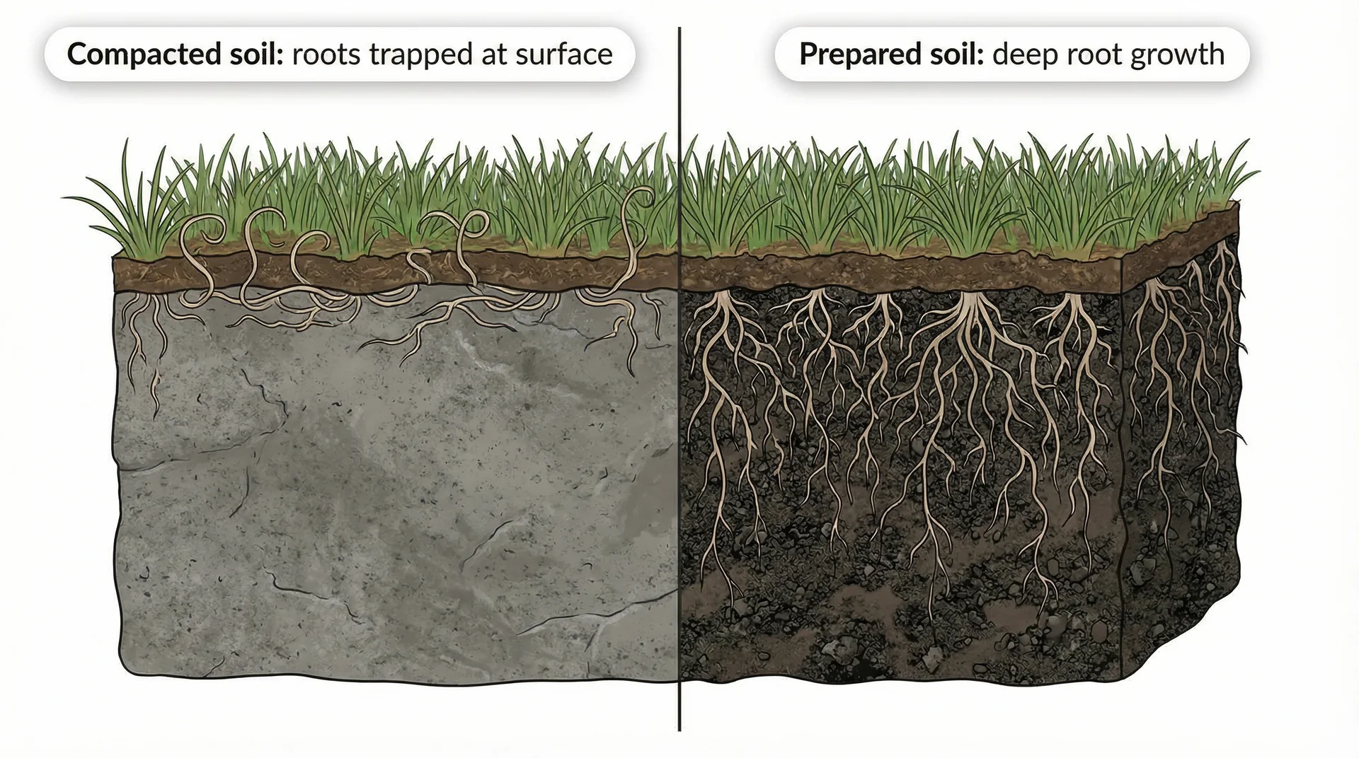 Split diagram showing sod roots trapped in compacted soil on the left vs deep growth in prepared loamy soil on the right.
