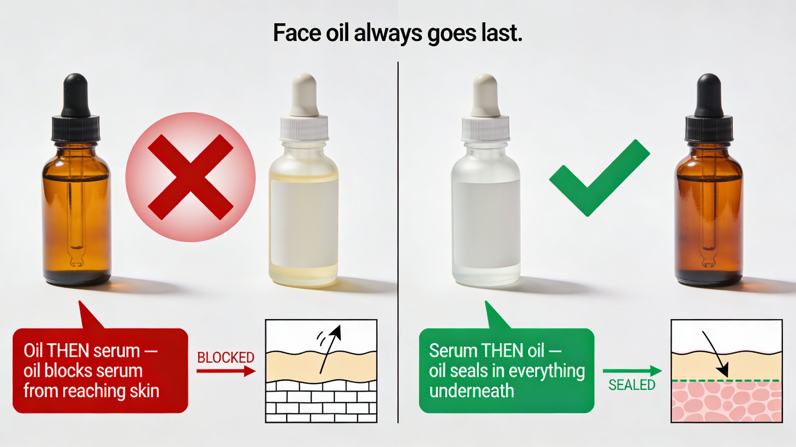 Split flat lay showing wrong order of oil then serum versus correct order serum then oil.