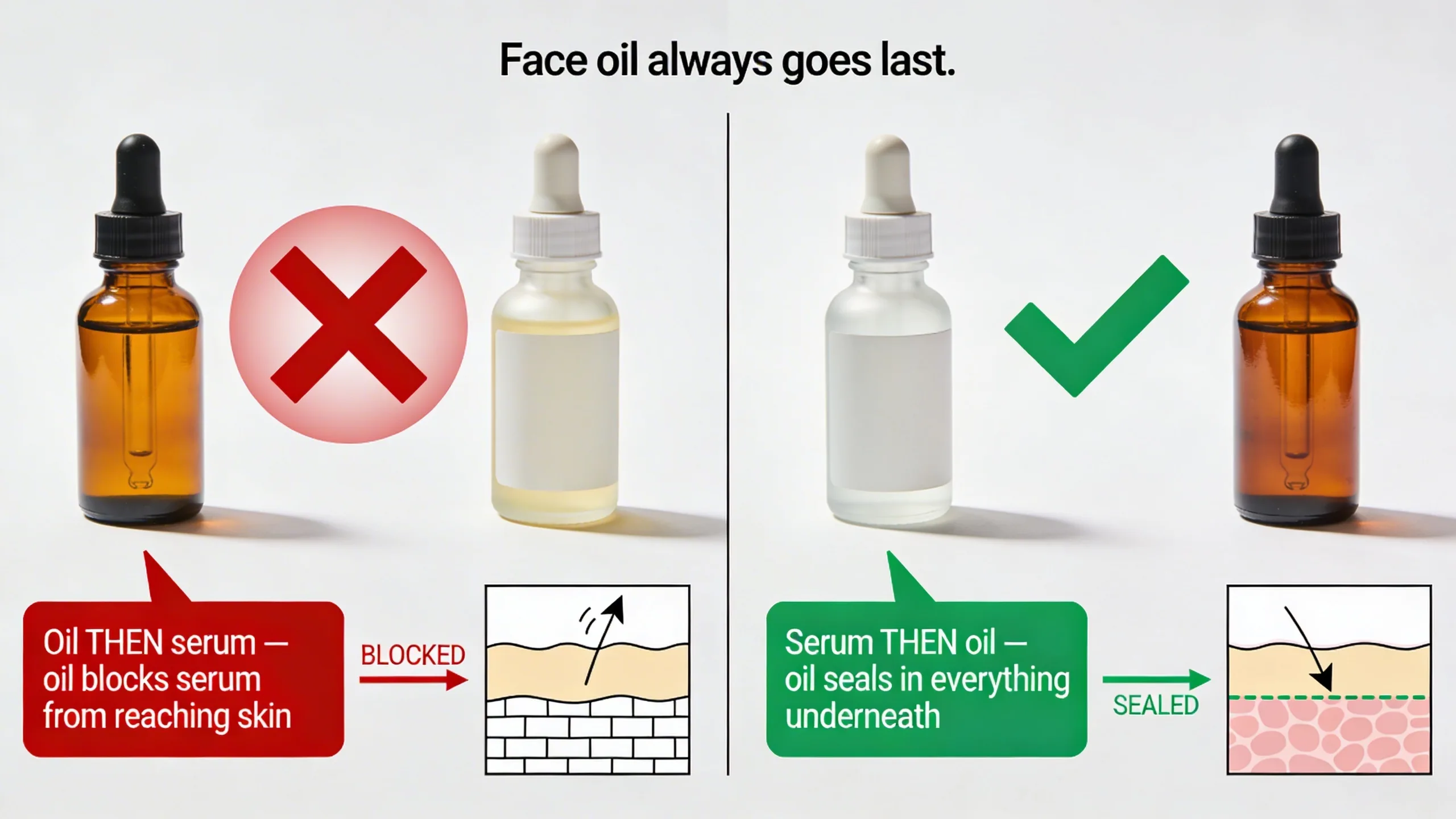 Split flat lay showing wrong order of oil then serum versus correct order serum then oil.