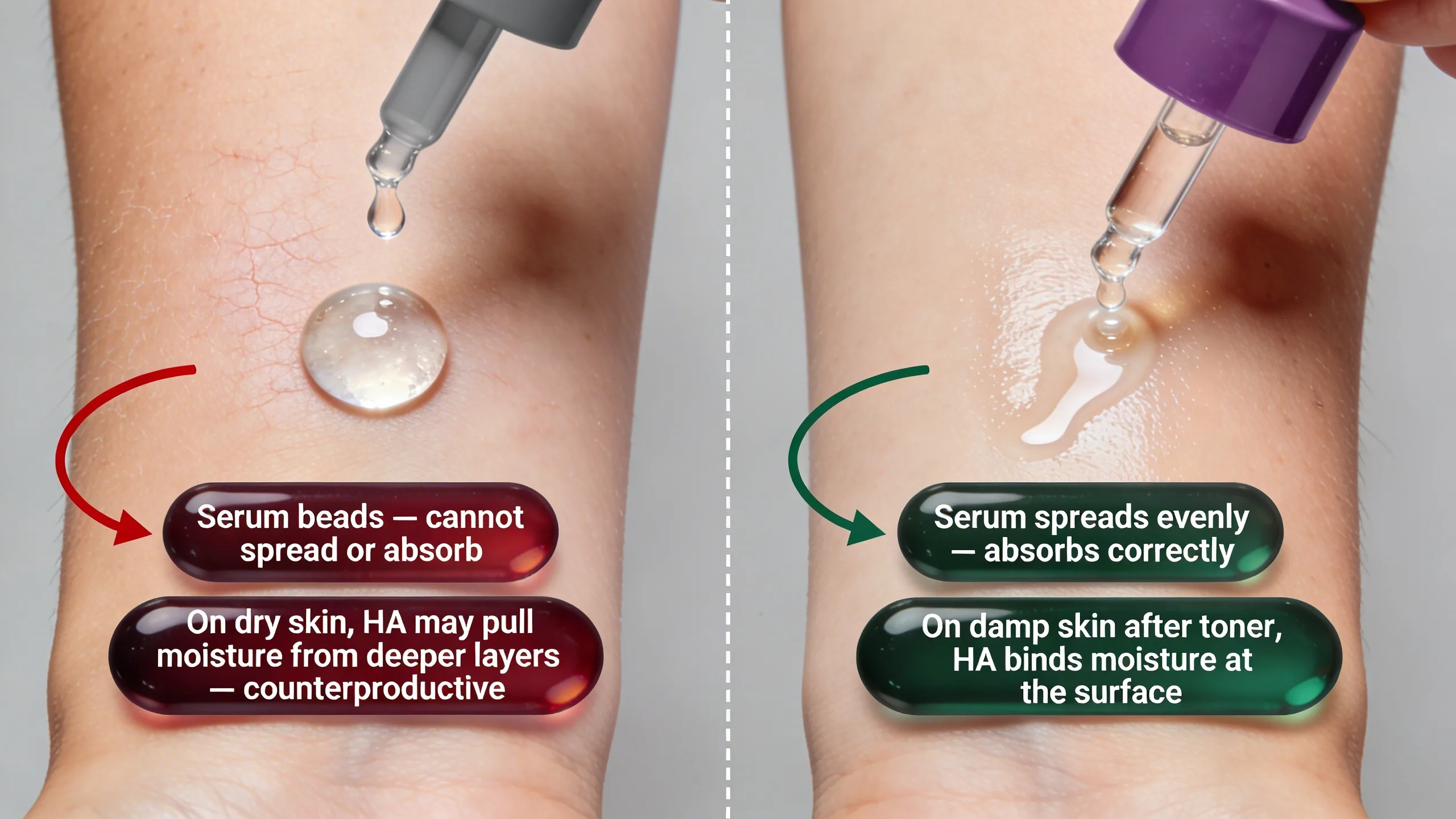 Split forearm showing hyaluronic acid beading on dry skin versus absorbing on toned skin