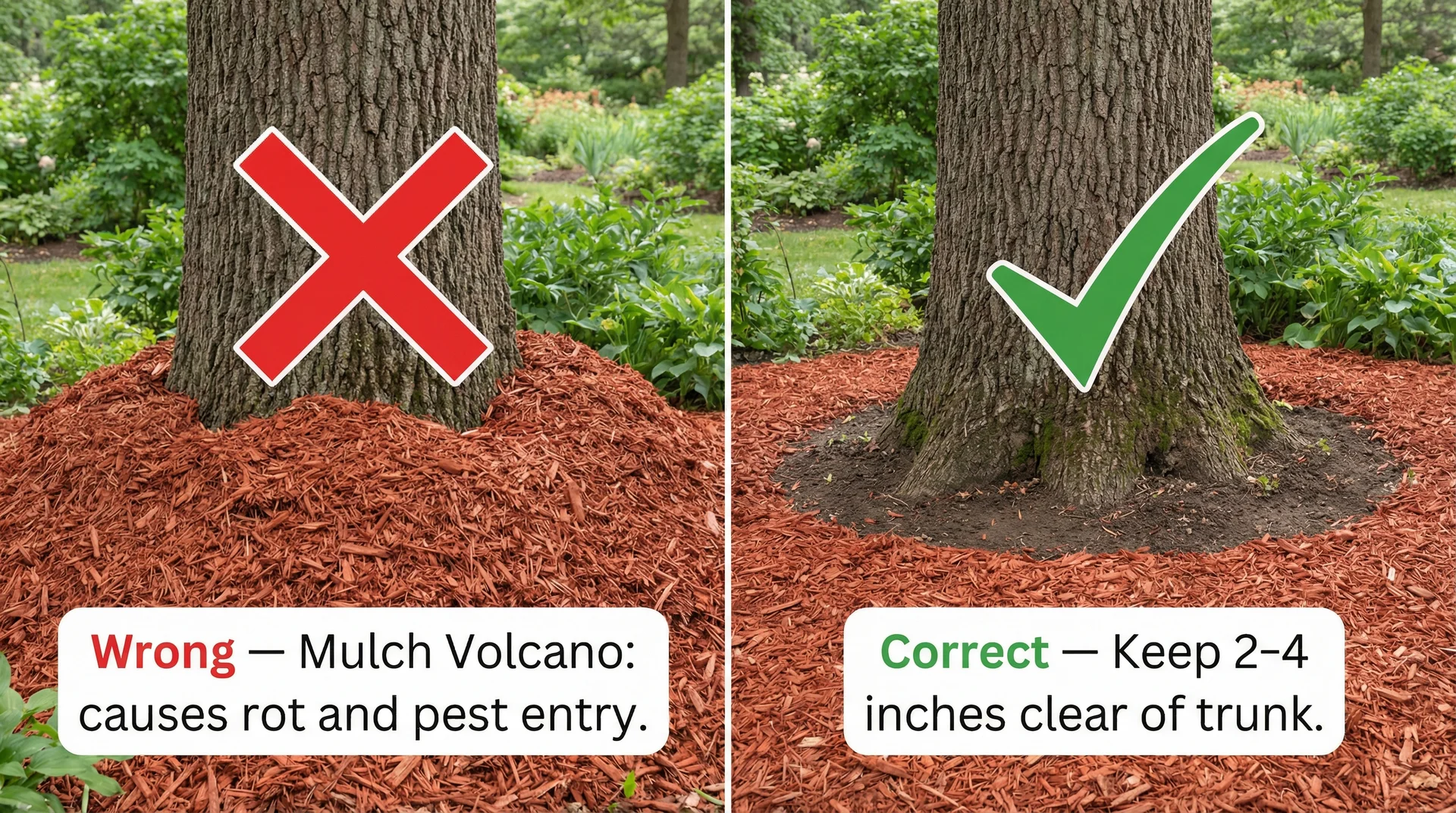 Split image showing wrong mulch volcano piled against a tree trunk versus correct method with a clear gap around the base
