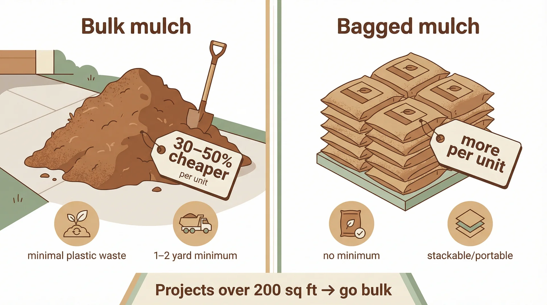 Split infographic comparing bulk mulch vs. bagged mulch on cost, convenience, and best use cases