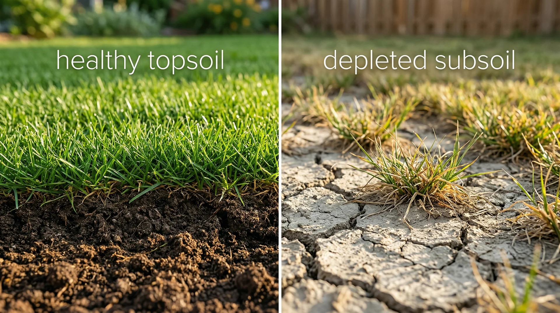 Split view comparing lush grass over healthy topsoil on the left with thin, patchy grass over cracked soil on the right.