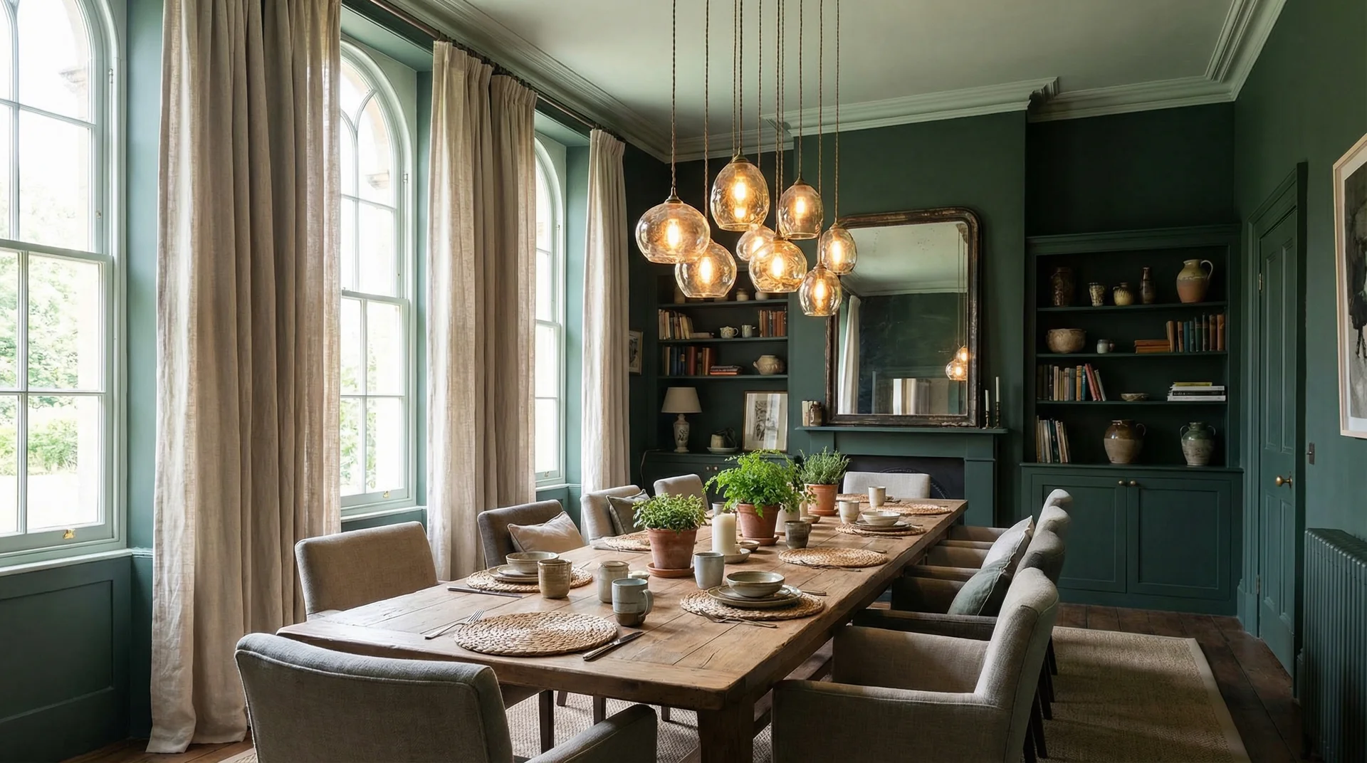 Tall dining room with deep green walls and lighter green ceiling tint, showing how to balance drama and visual weight