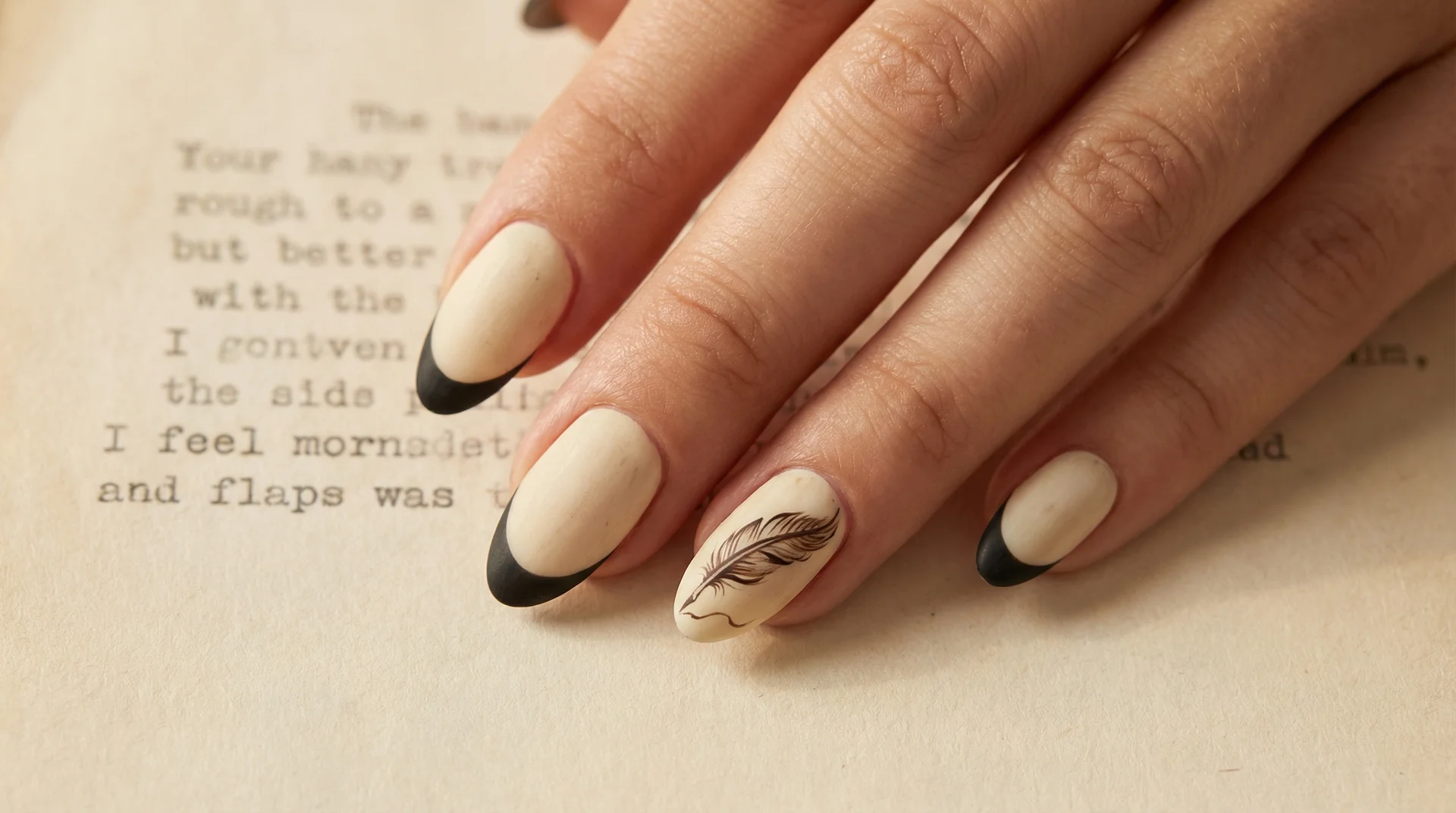 Taylor Swift TTPD inspired almond nails with parchment base, black tip, and quill accent