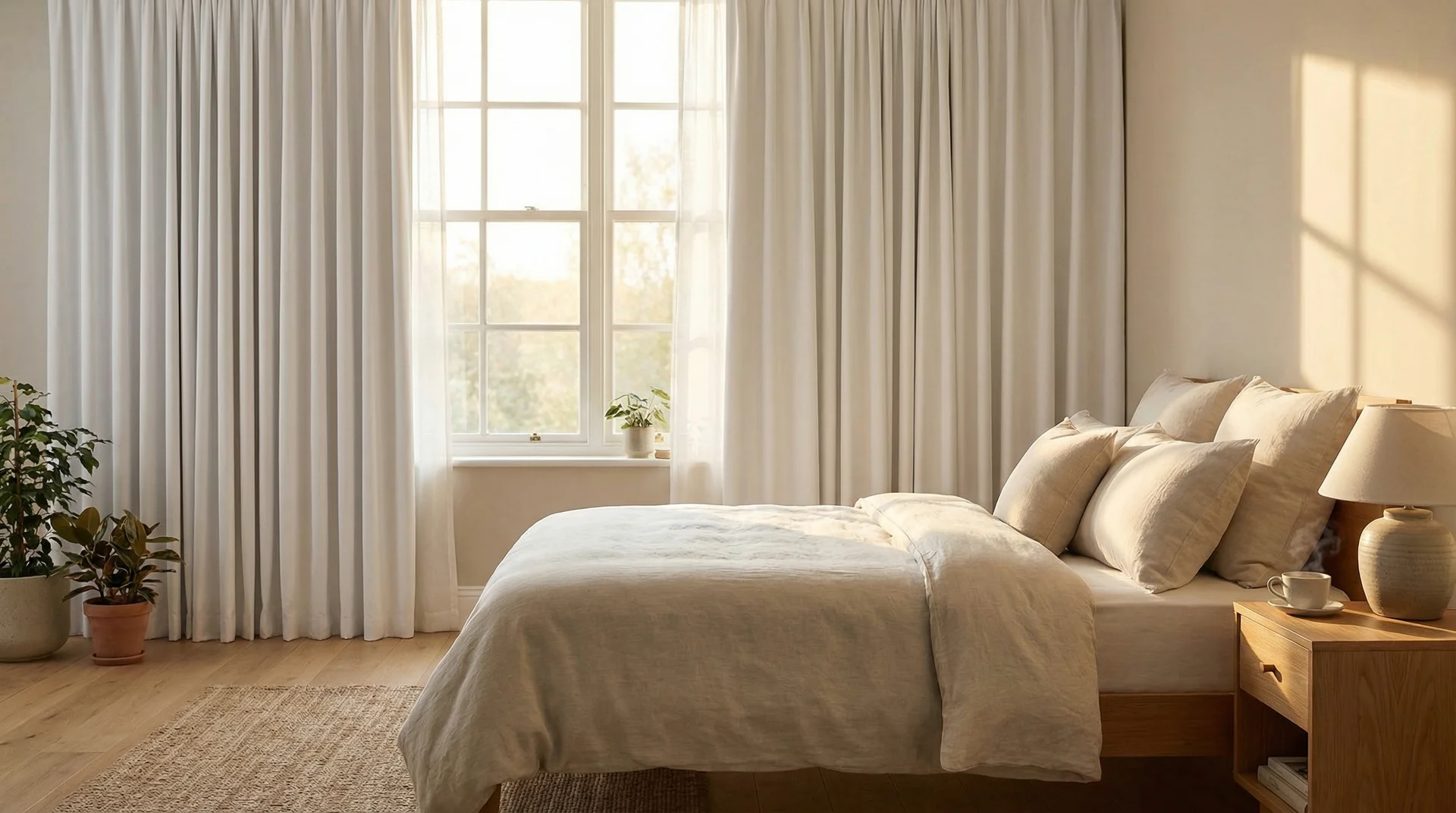 Thermal blackout curtains on a bedroom window blocking morning sunlight for a cooler, comfortable room