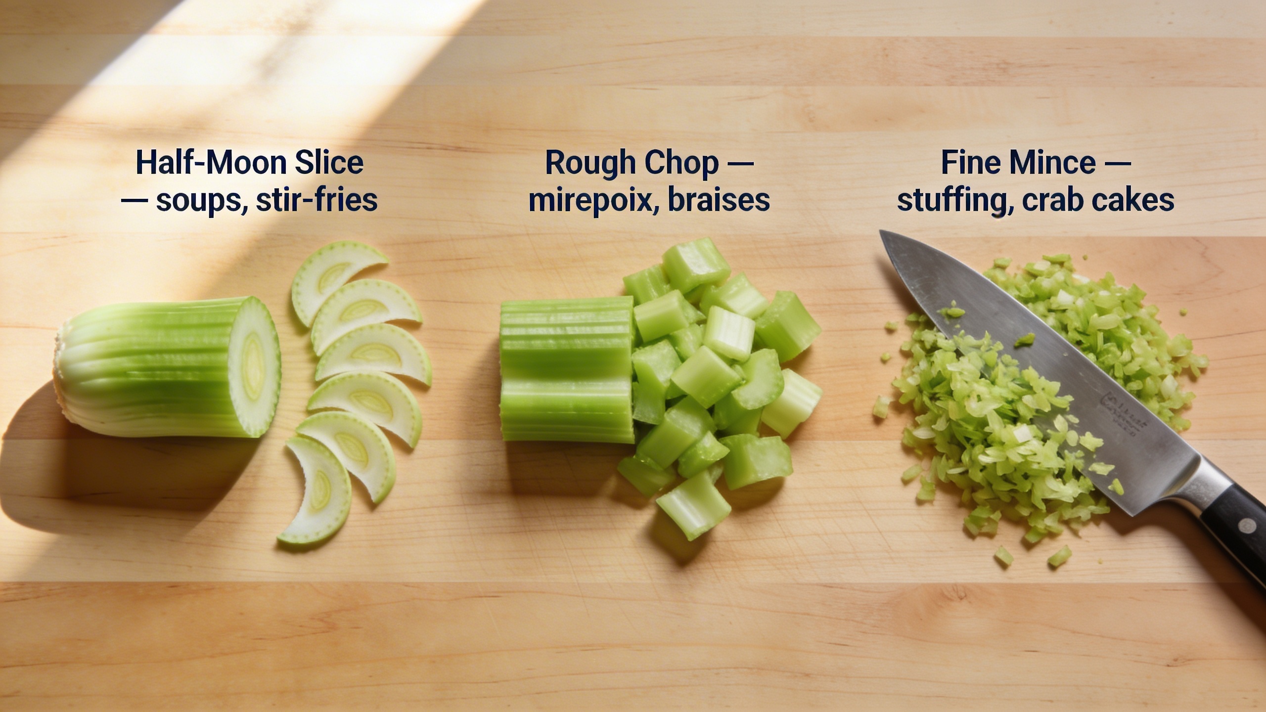Three celery cutting styles shown side by side on a cutting board — half-moon slice, rough chop, and fine mince — with labels showing the best use for each cut