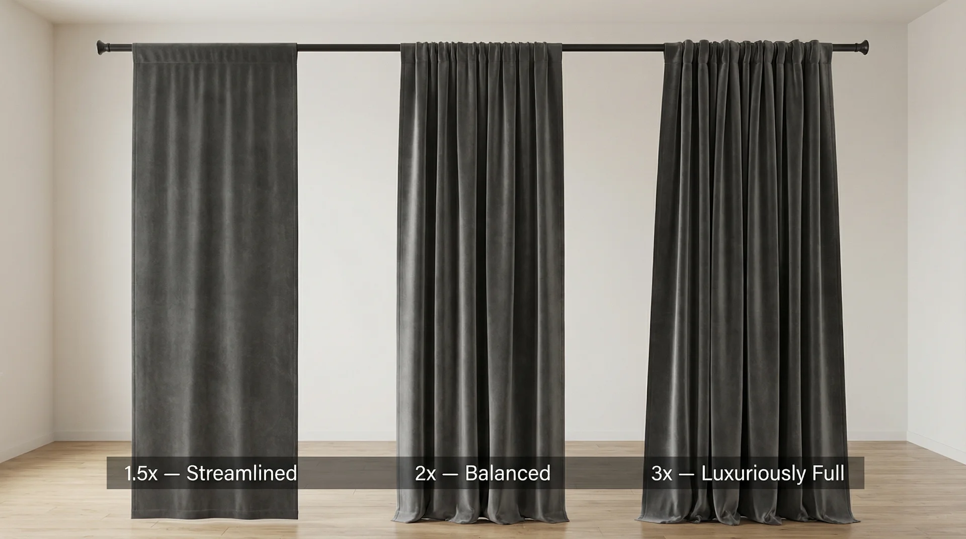 Three curtain panels showing 1.5x, 2x, and 3x fullness ratios from minimal to luxuriously full 