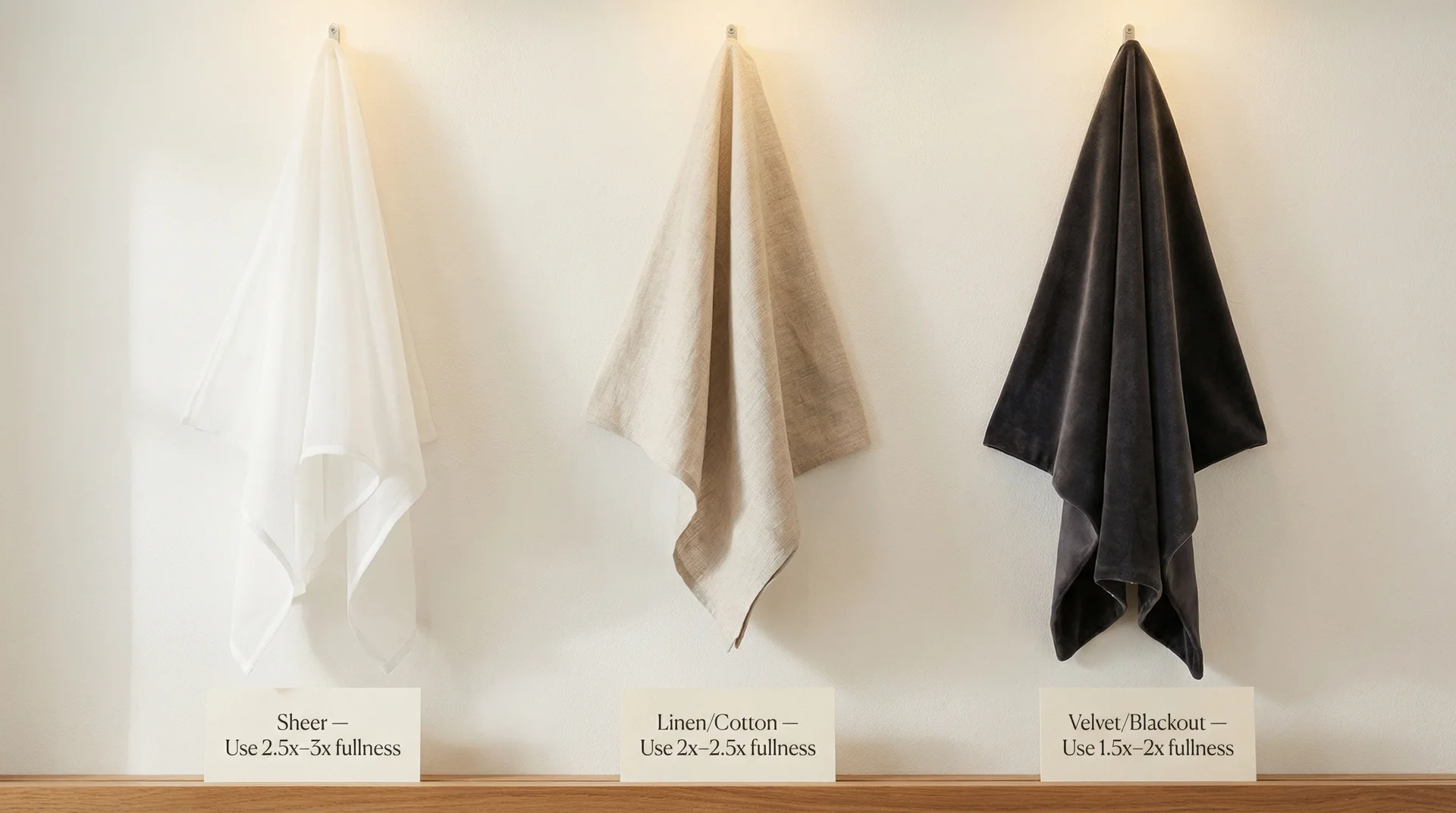 Three fabric swatches showing sheer, linen, and velvet with recommended fullness ratios labeled below each 
