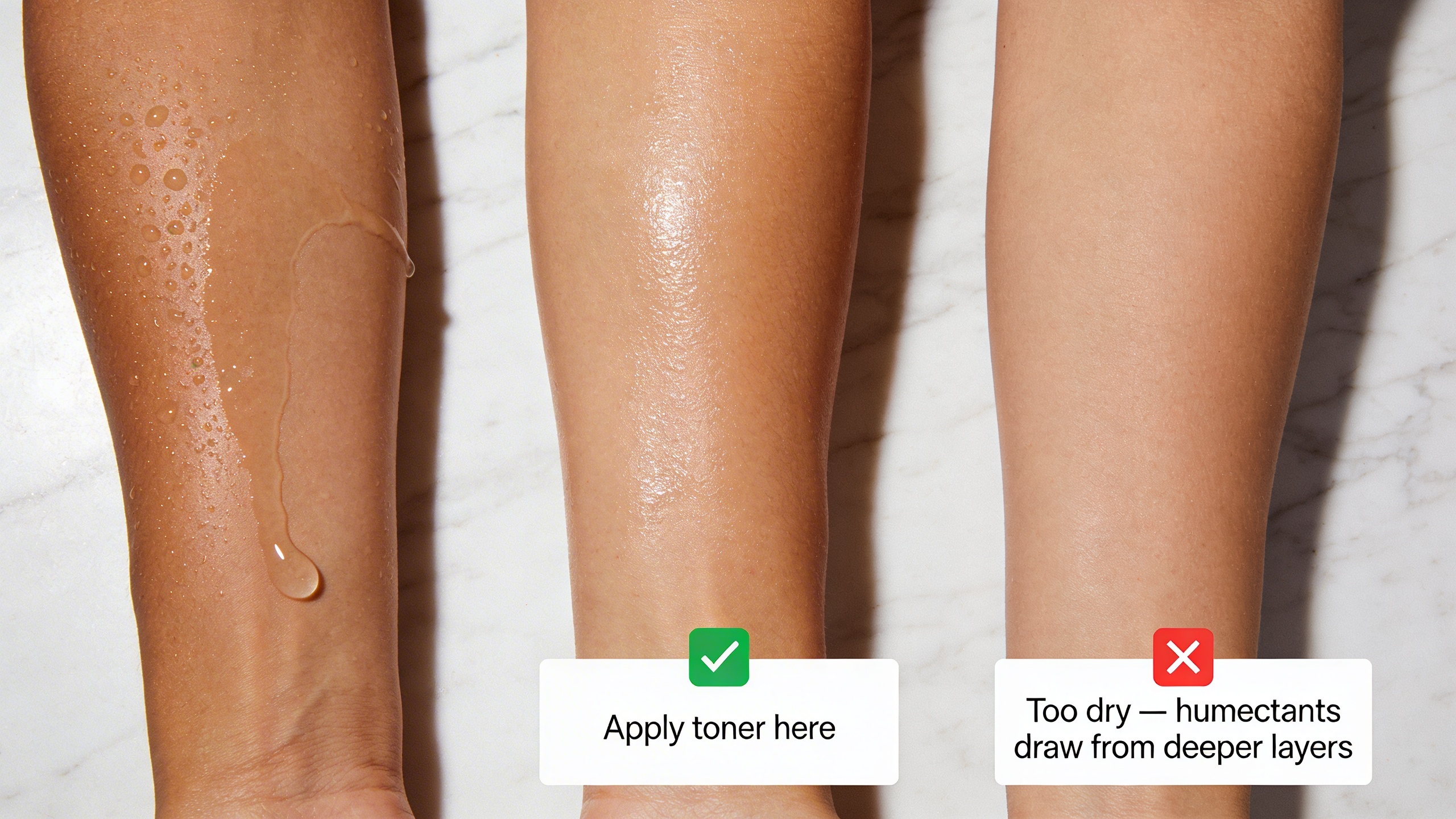 Three forearm zones showing too wet, slightly damp with a green checkmark, and completely dry with a red cross — visually defining the correct skin dampness for toner application.