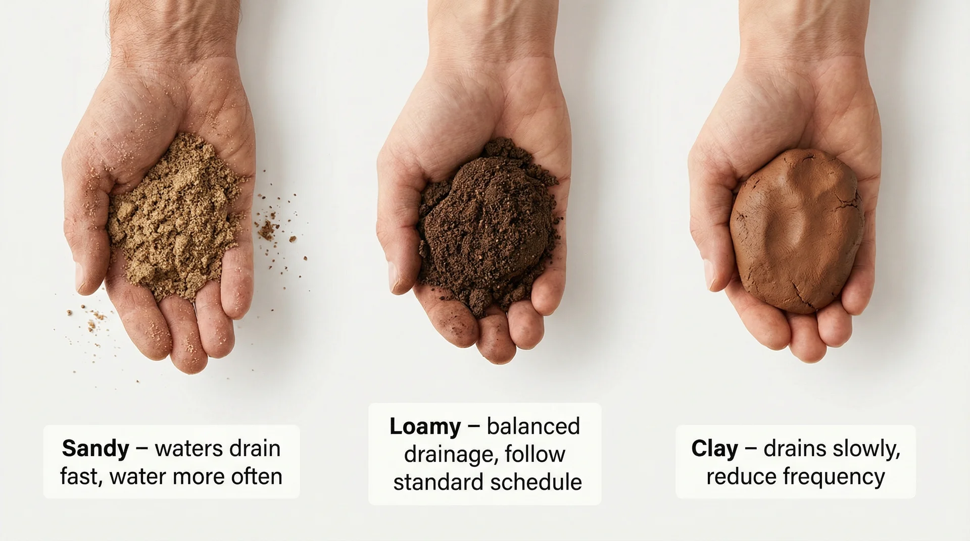 Three hands holding sandy, loamy, and clay soil showing texture differences and watering schedule impact
