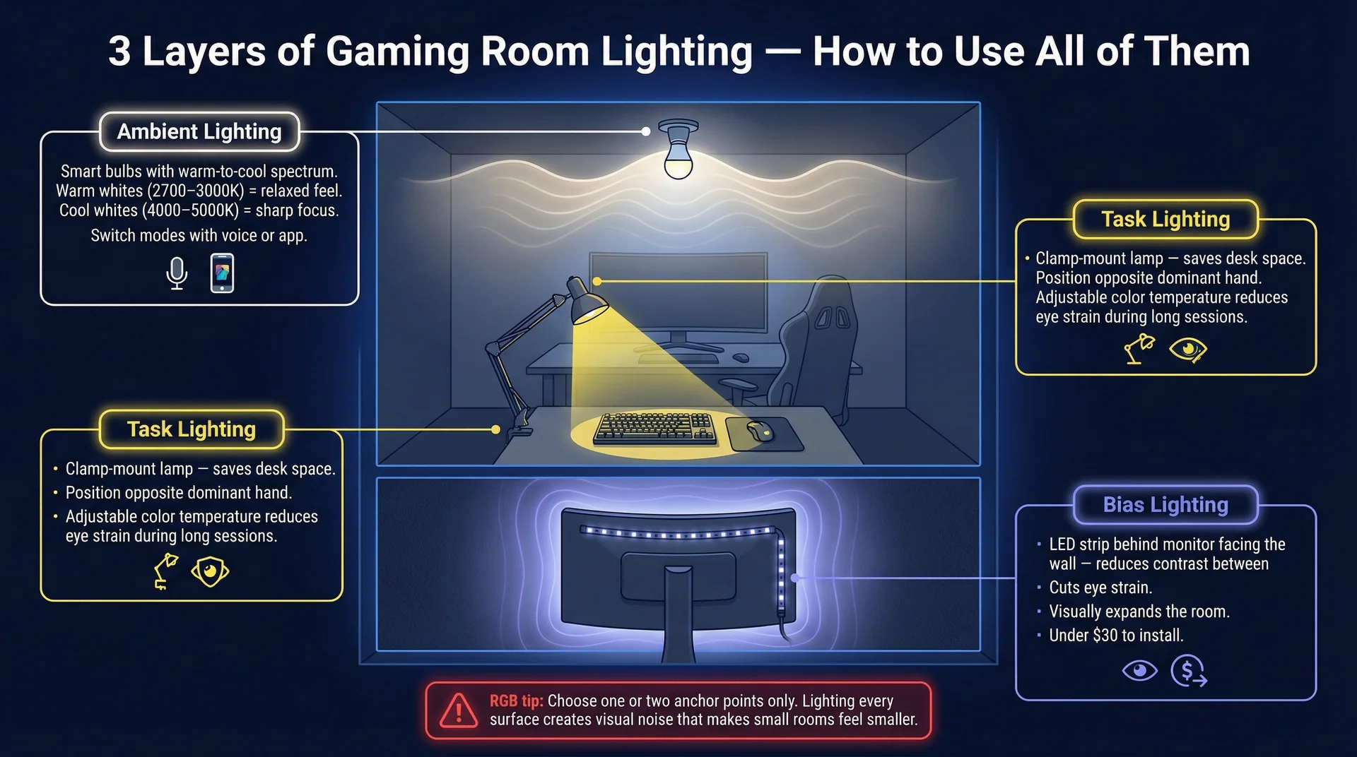 Three-layer gaming room lighting diagram showing ambient smart bulbs, task desk lamp, and bias LED strip behind monitor with setup notes