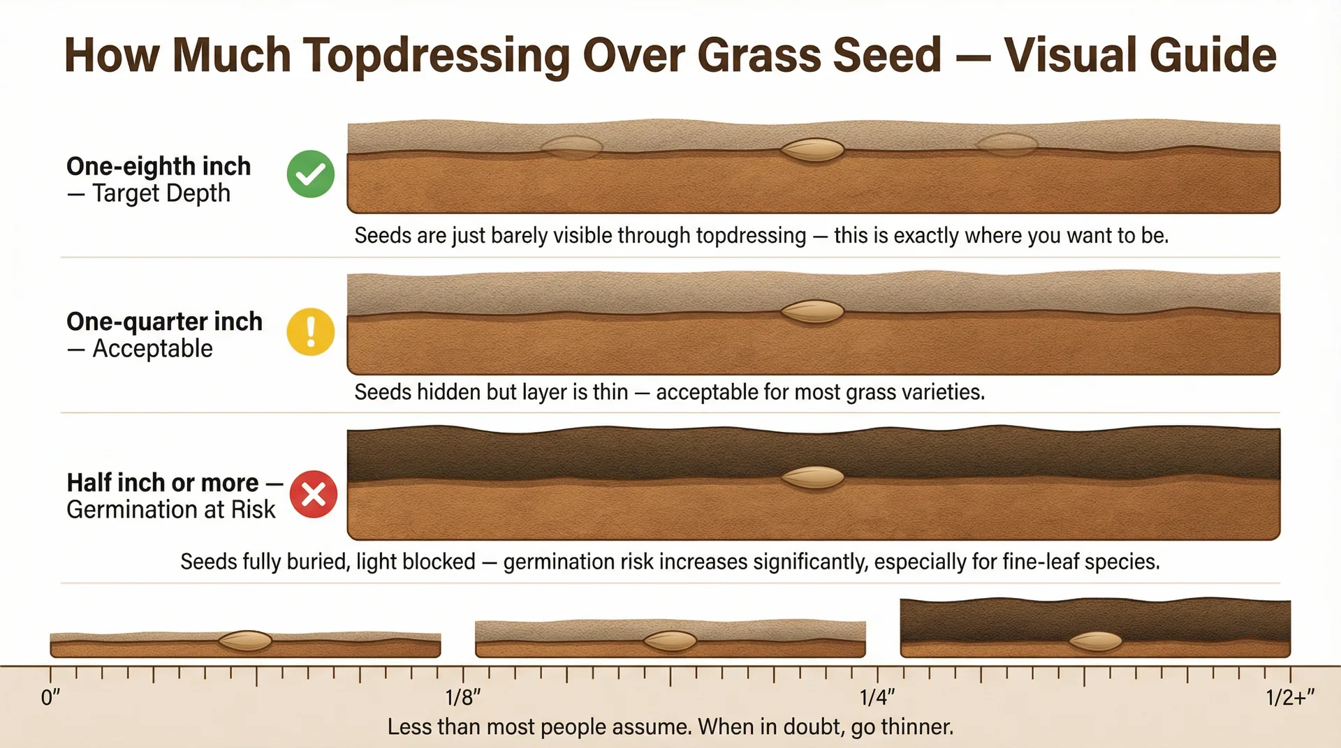 Three-level visual guide showing correct topdressing depths over grass seed from one-eighth inch target to half inch risk zone

