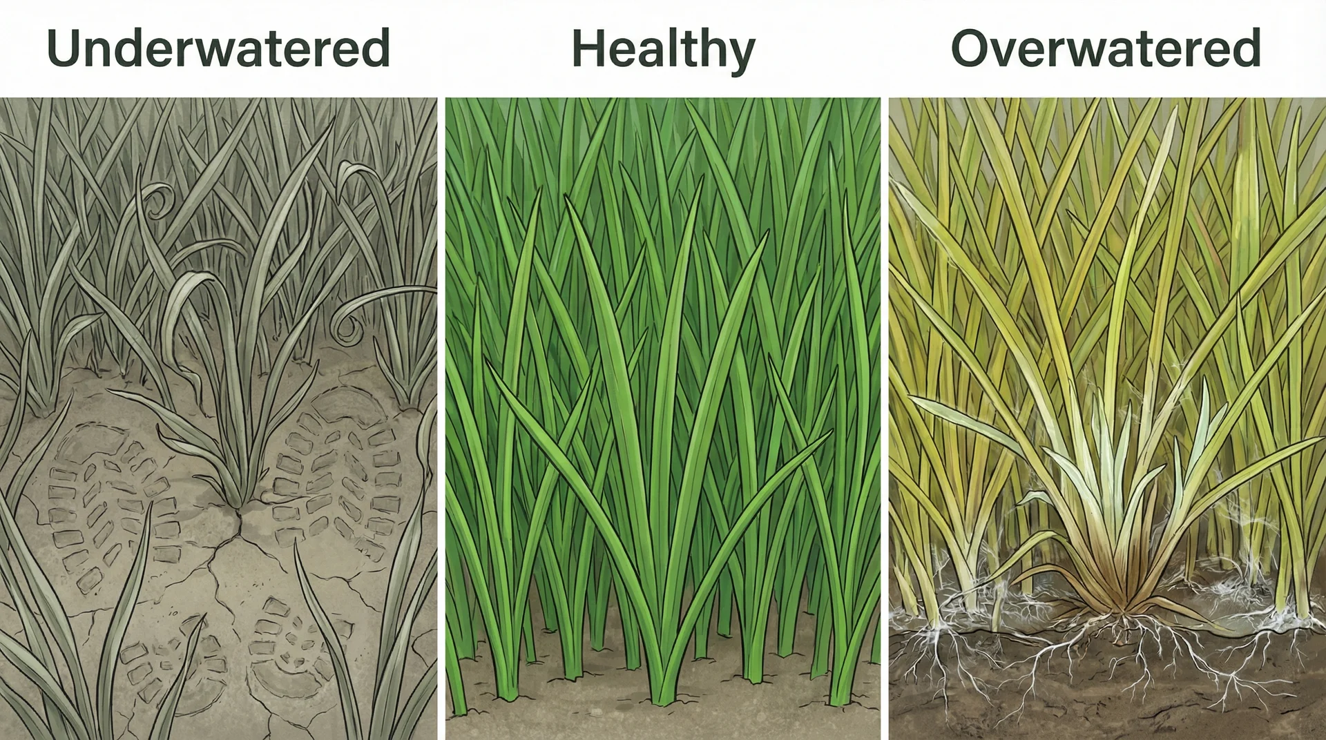 Three-panel grass comparison showing underwatered, healthy, and overwatered sod side by side