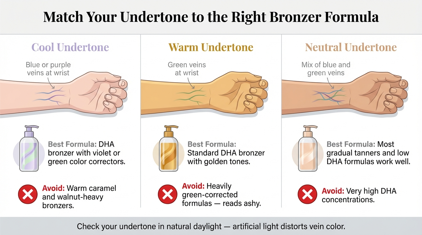 Three-panel infographic showing how to identify cool, warm, and neutral undertones using wrist vein color, matched to the correct tanning lotion formula for fair skin