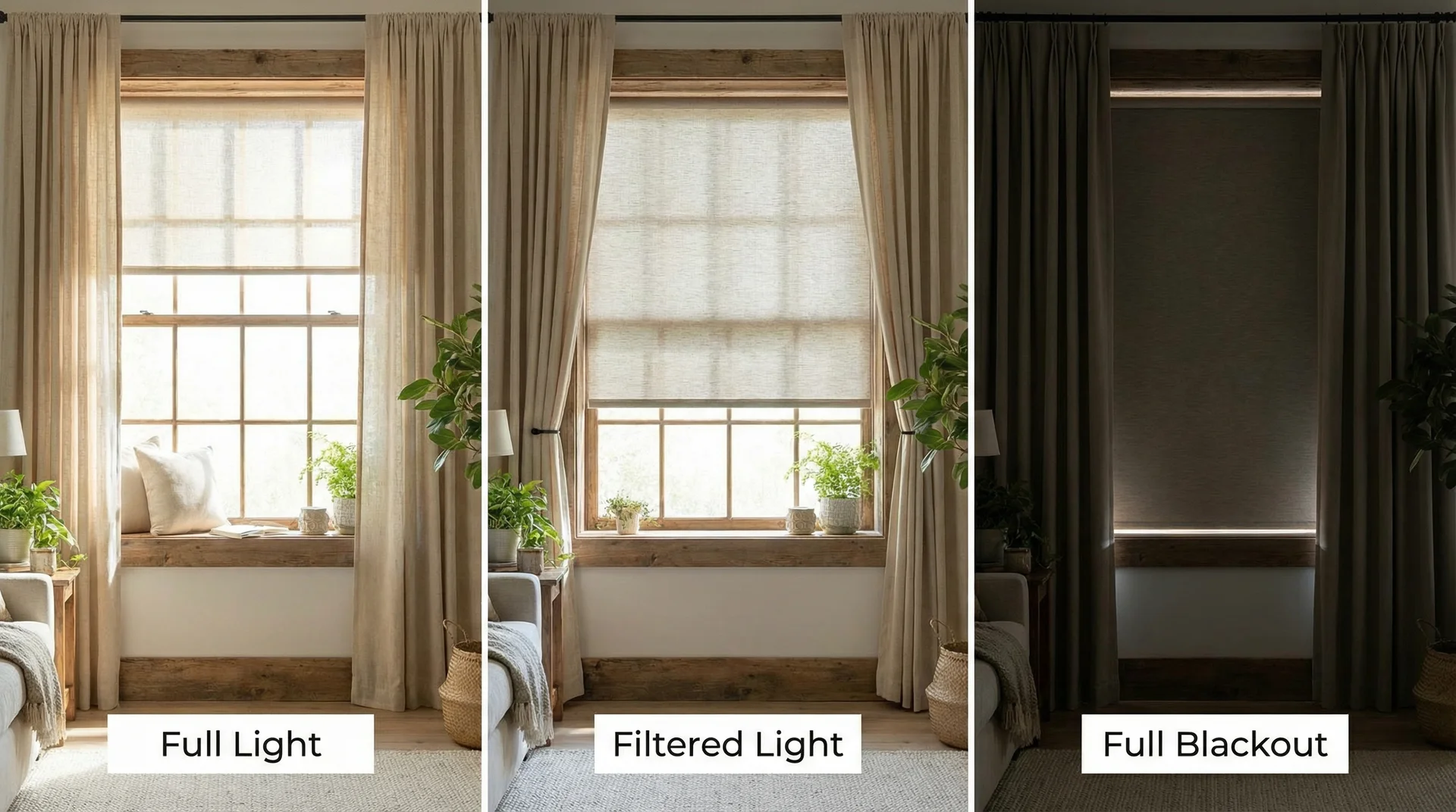 Three-panel window showing full light, filtered light, and full blackout using layered blinds and curtains 