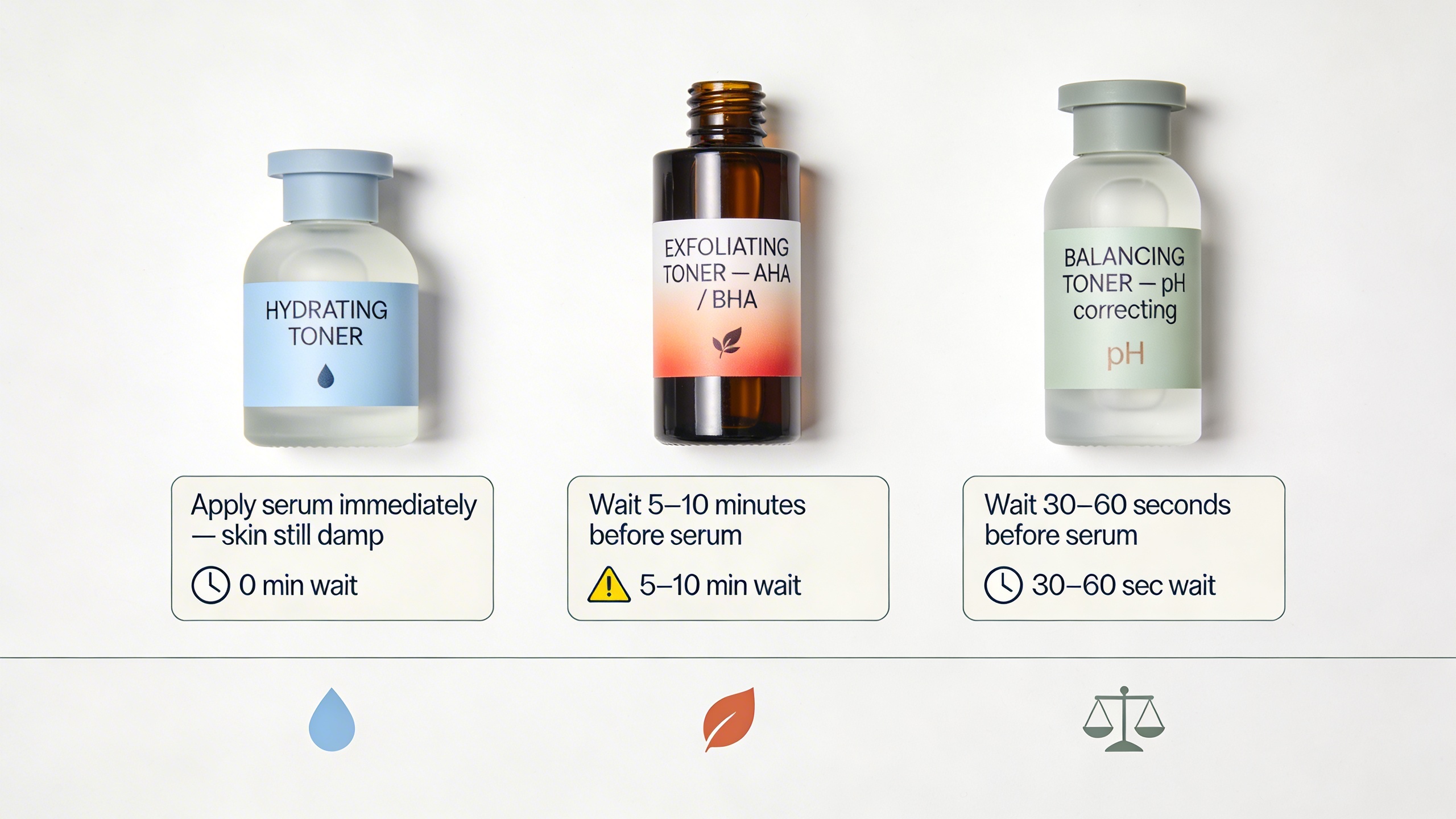 Three toner types in a row showing hydrating, exfoliating, and balancing with wait times