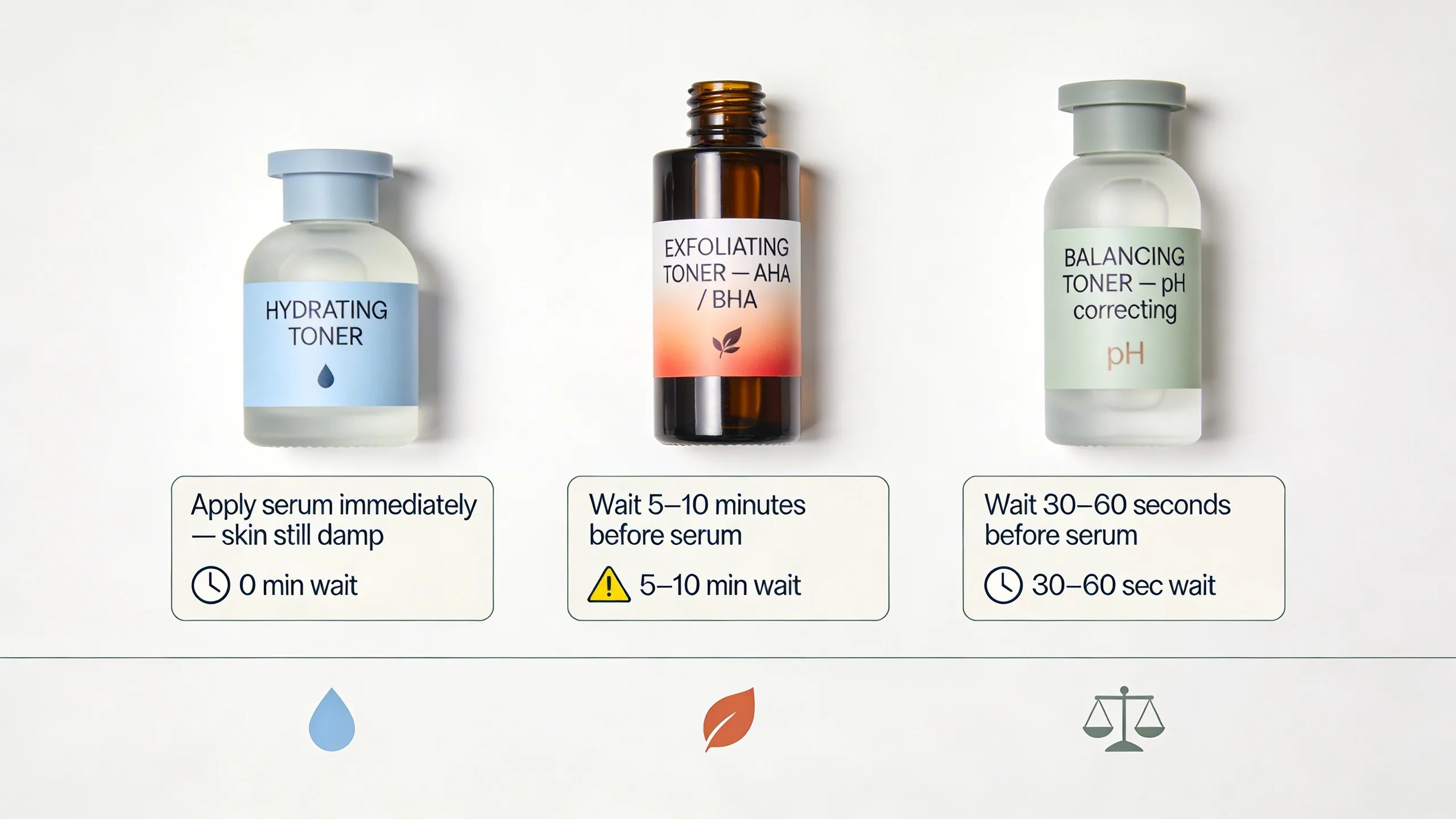 Three toner types in a row showing hydrating, exfoliating, and balancing with wait times