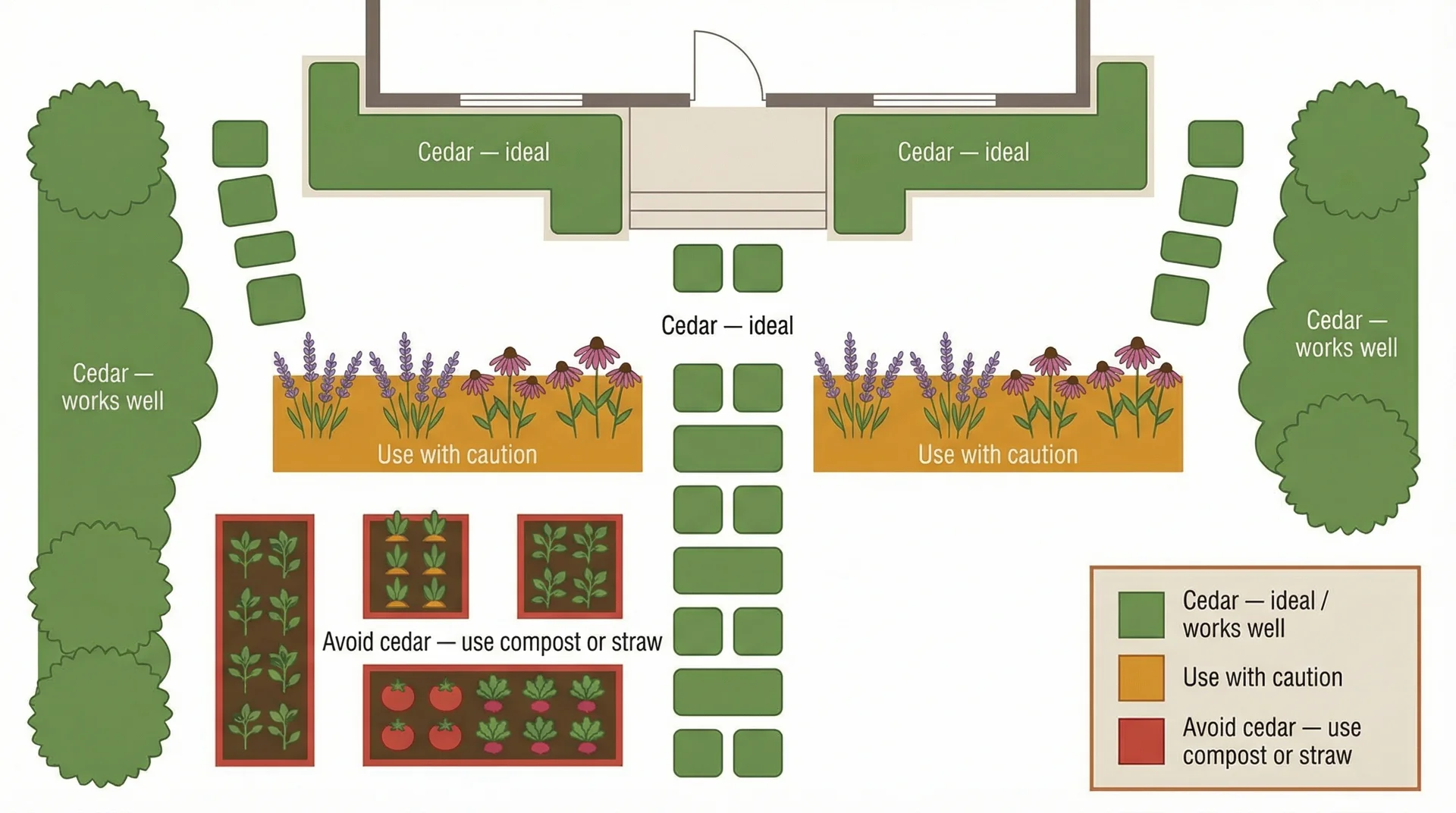 Top-down garden layout map colour-coded to show where cedar mulch is ideal, suitable with caution, or should be avoided

