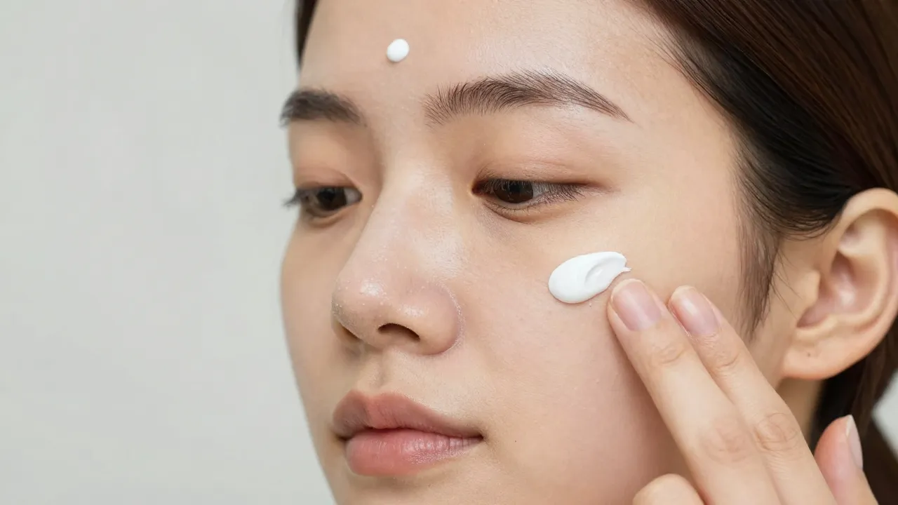 Tretinoin dotted across forehead cheeks and chin with gentle outward blending strokes avoiding eyes nose and lip corners