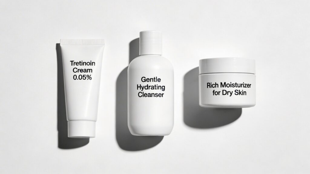 Tretinoin tube, gentle cleanser, and moisturizer flat lay showing the essential products needed before starting tretinoin