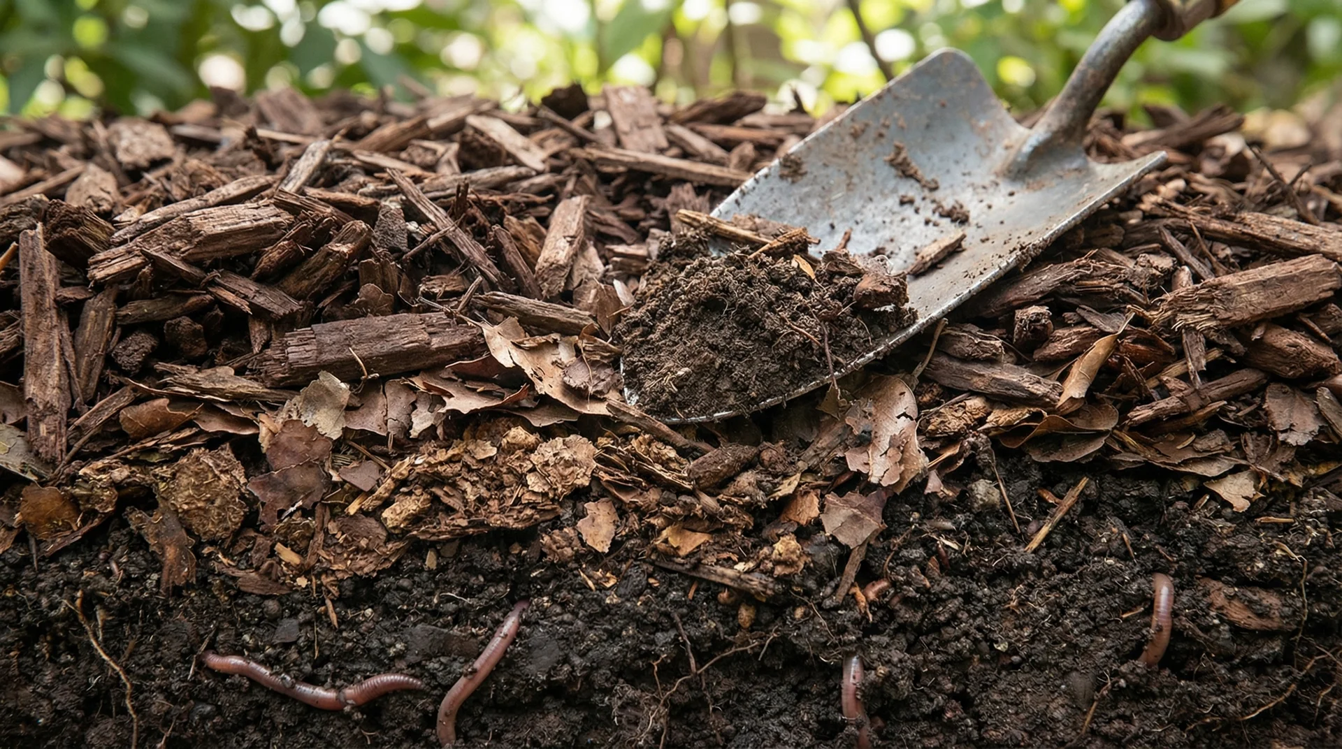 Trowel lifting soil beneath mulch showing decomposition layers from wood chips to dark organic matter to rich loamy soil