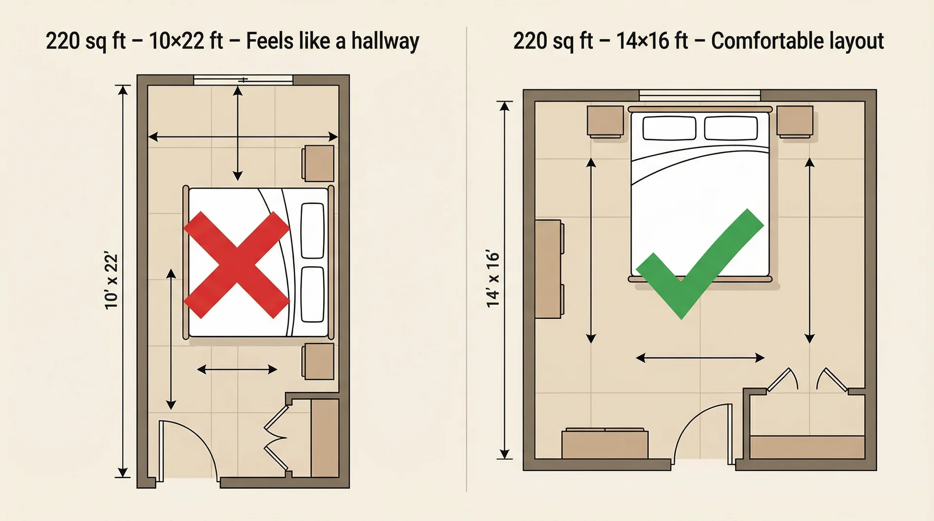 Two 220 sq ft bedrooms compared: narrow 10x22 ft layout vs. functional 14x16 ft layout with same area